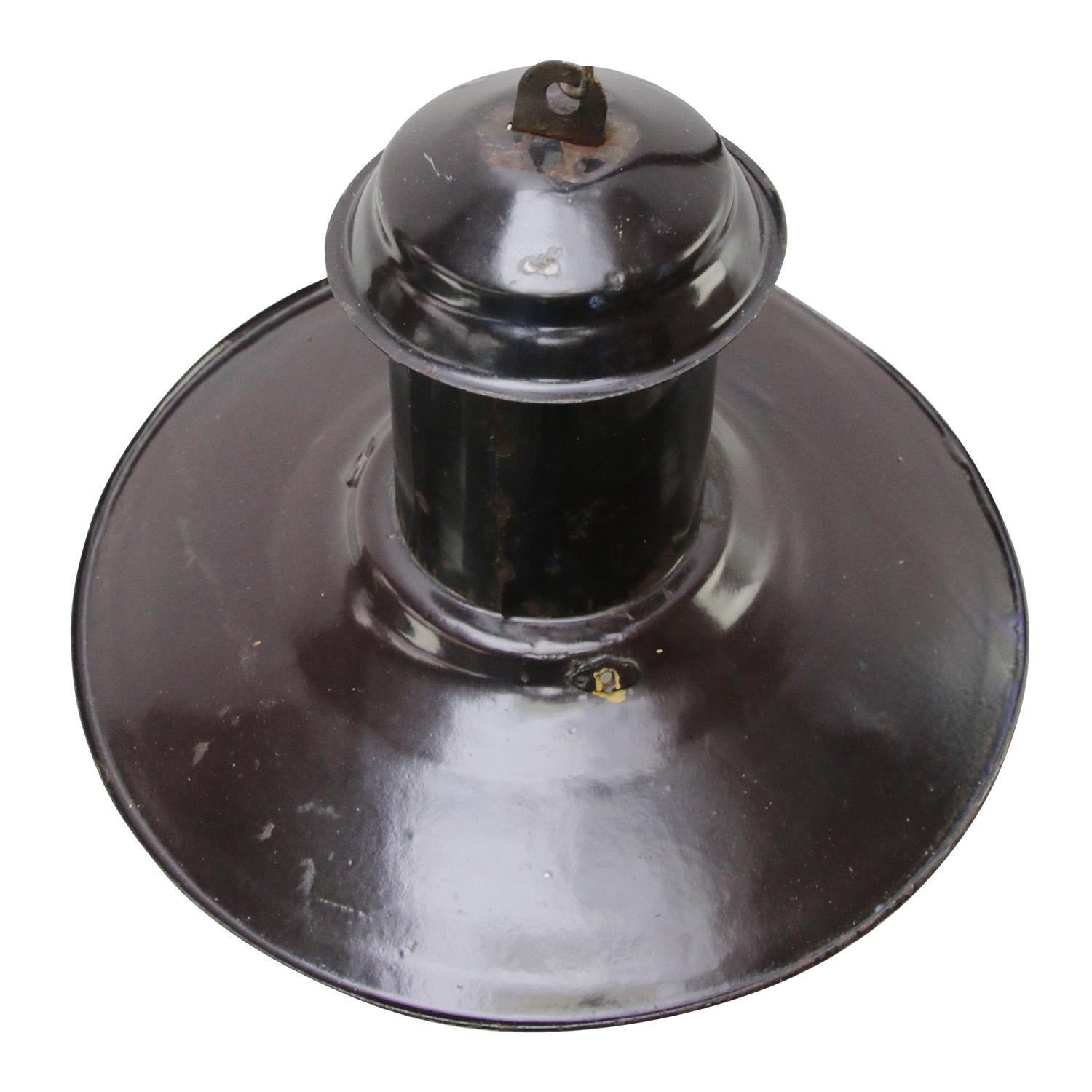 Brown enamel factory pendant
White inside. White opaline glass

Measures: diameter glass 15 cm.

Weight : 1.60 kg / 3.5 lb

Priced per individual item. All lamps have been made suitable by international standards for incandescent light bulbs,