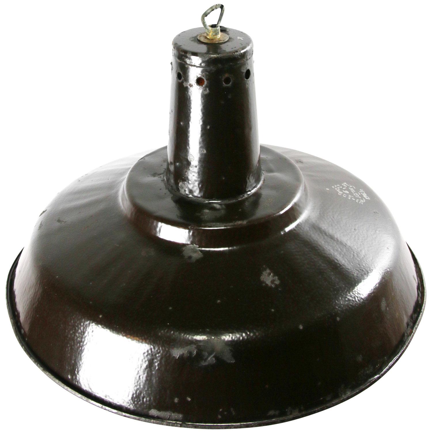 Dark brown enamel factory pendant from the Ukraine.
White interior.

Weight: 2.1 kg / 4.6 lb

All lamps have been made suitable by international standards for incandescent light bulbs, energy-efficient and LED bulbs. E26/E27 bulb holders and