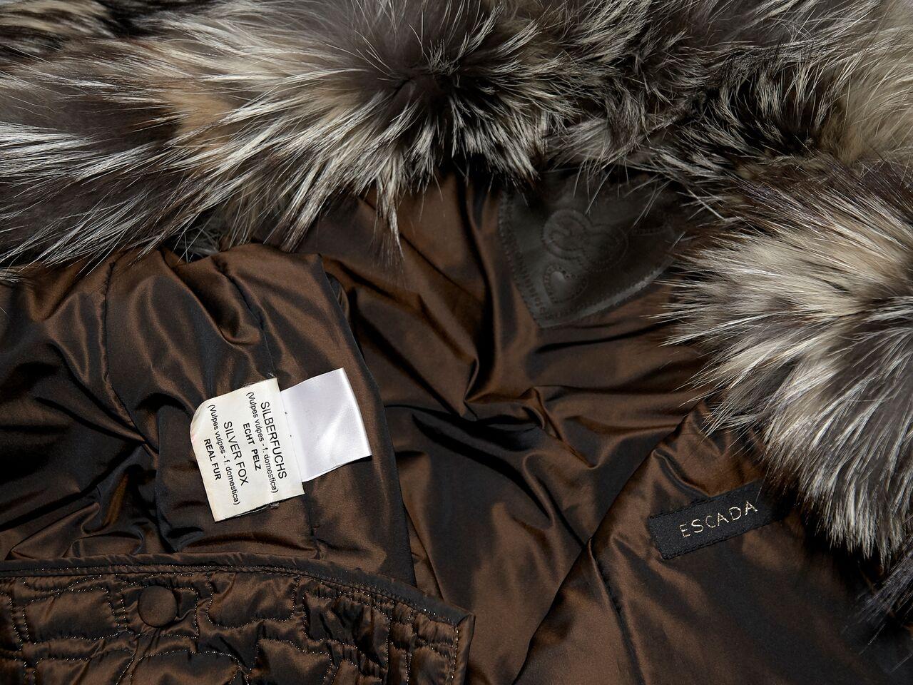 Black Brown Escada Silver Fox-Trimmed Quilted Coat