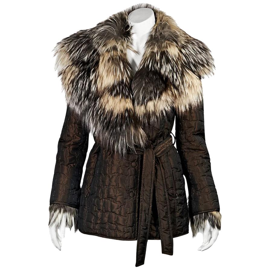 Brown Escada Silver Fox-Trimmed Quilted Coat