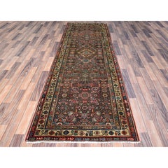 Brown Even Wear Old Persian Hamadan Hand Knotted Wool Clean Runner Abrash Rug