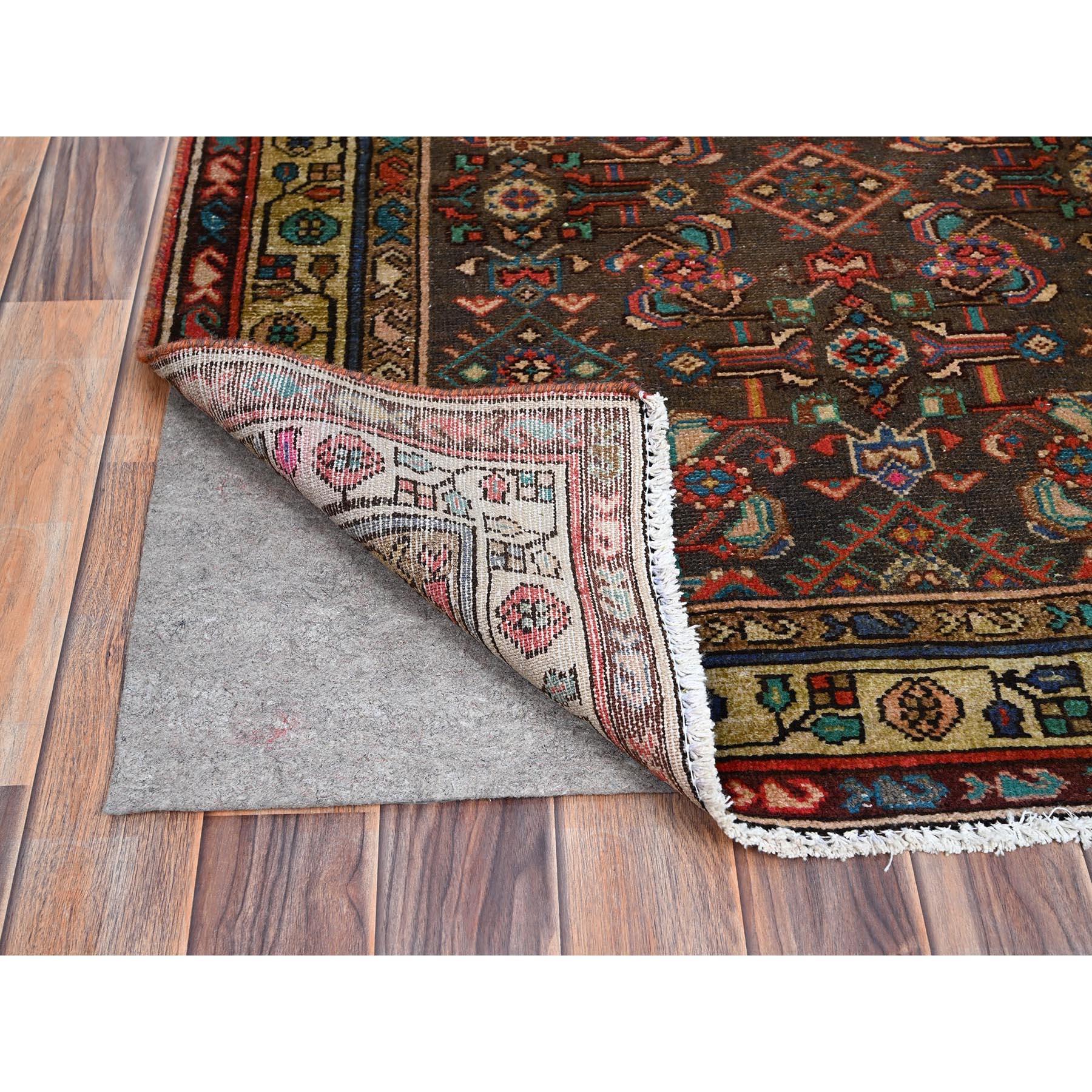 Medieval Brown Even Wear Old Persian Hamadan Hand Knotted Wool Clean Runner Abrash Rug For Sale