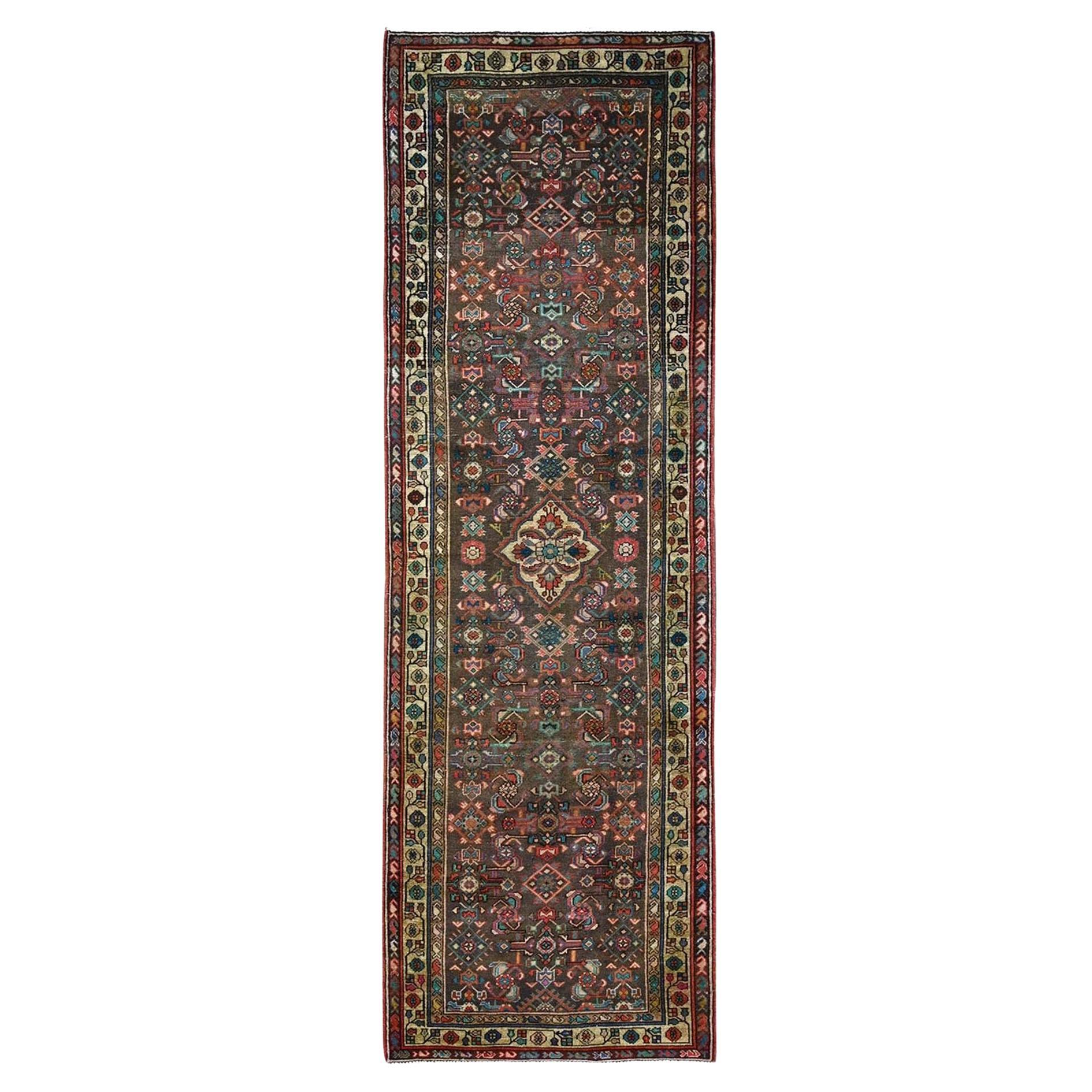 Brown Even Wear Old Persian Hamadan Hand Knotted Wool Clean Runner Abrash Rug For Sale