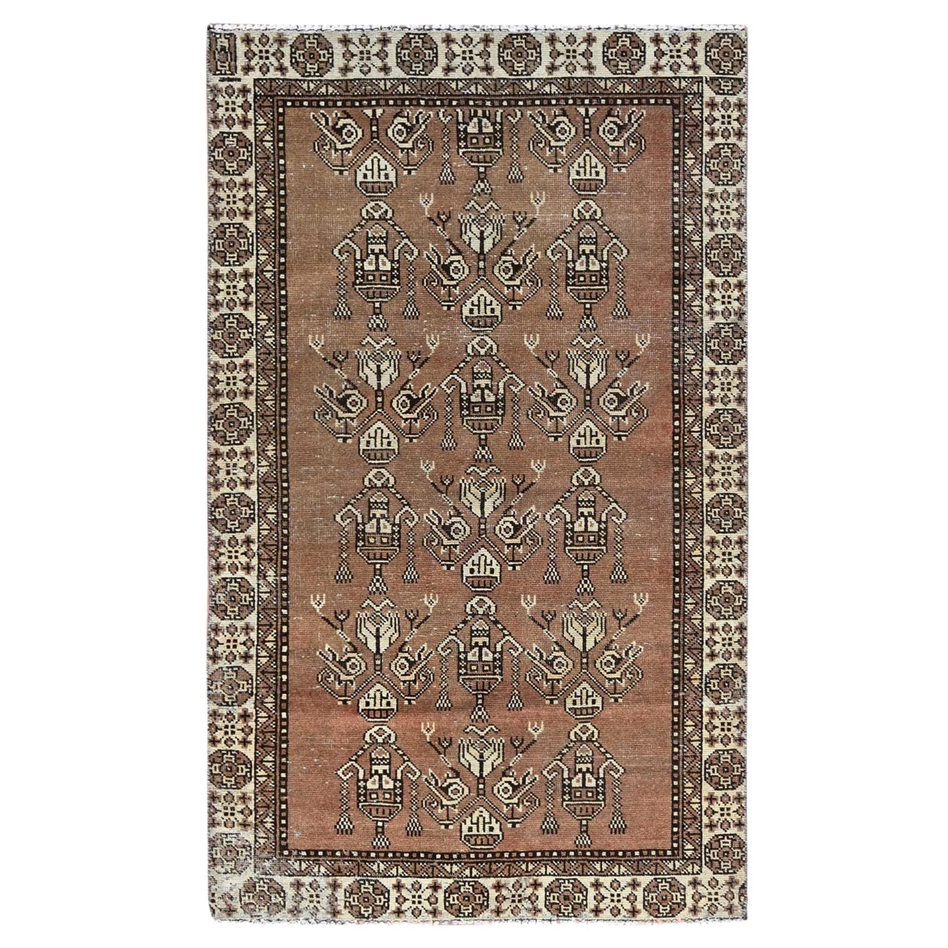 Brown Evenly Worn Natural Wool Vintage Persian Baluch Hand Knotted Clean Rug For Sale