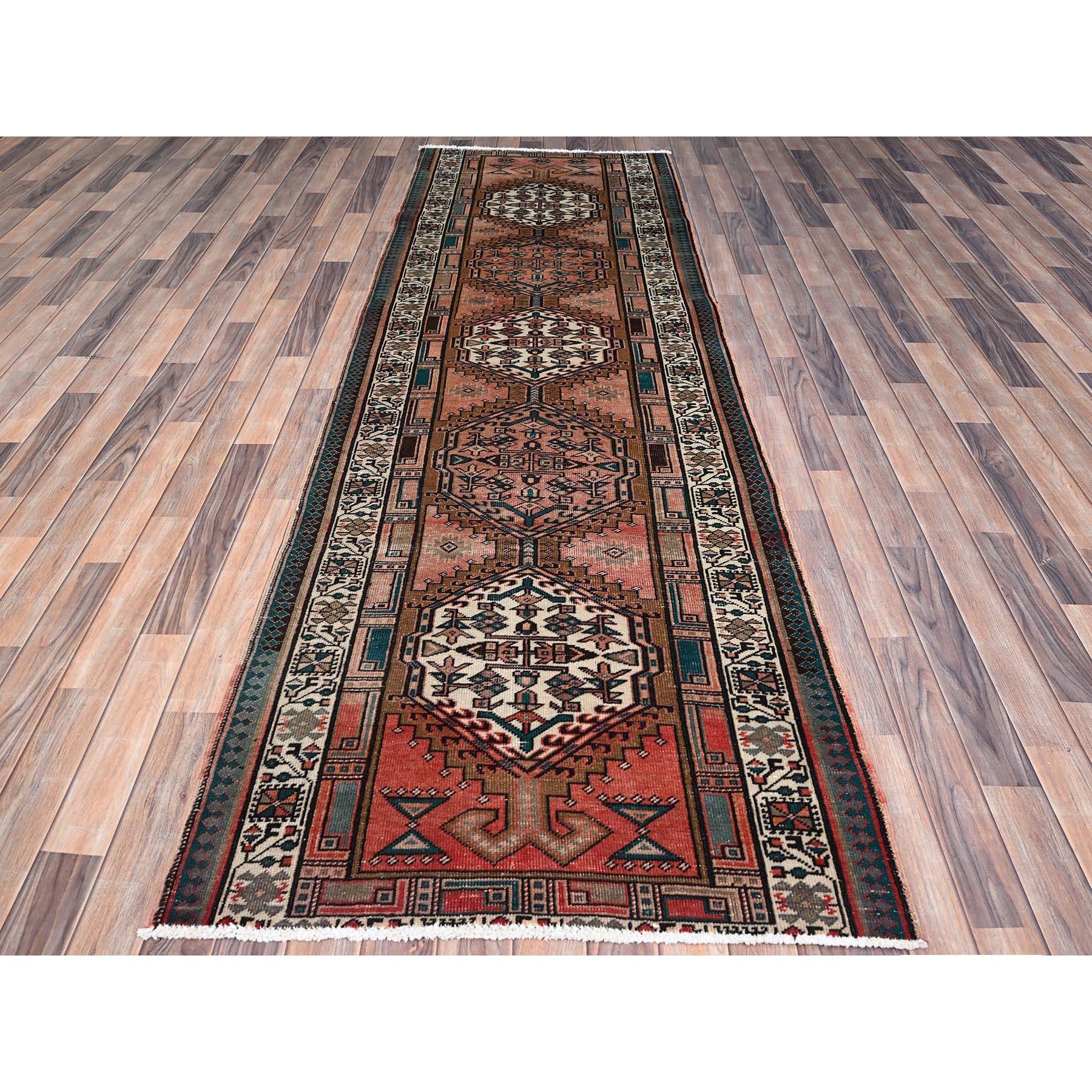 Medieval Brown Evenly Worn Vintage Northwest Persian Hand Knotted Wool Clean Runner Rug For Sale