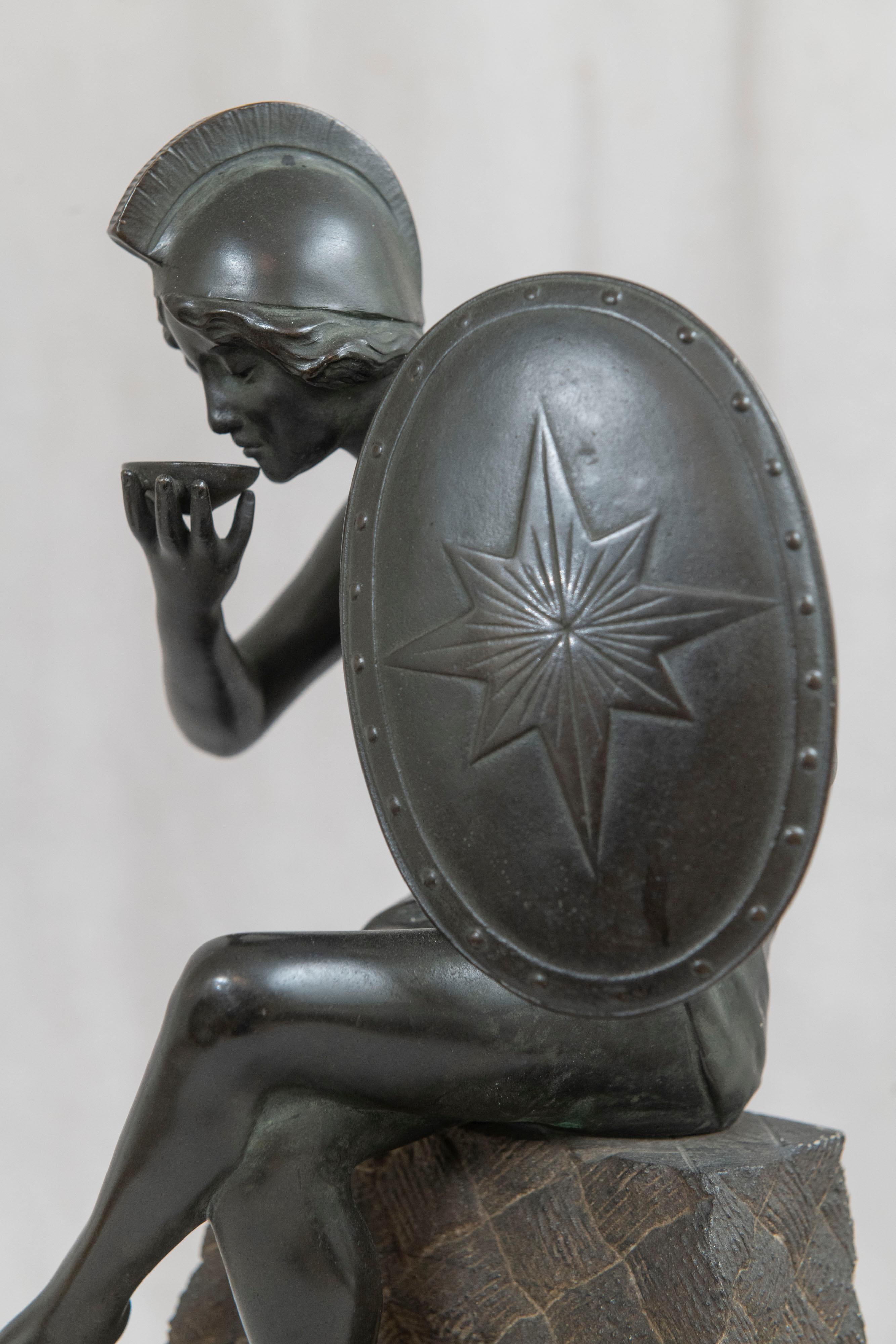 Bronze Brown Female Warrior w/Shield, on Carved Marble Base, German ca.1900 For Sale