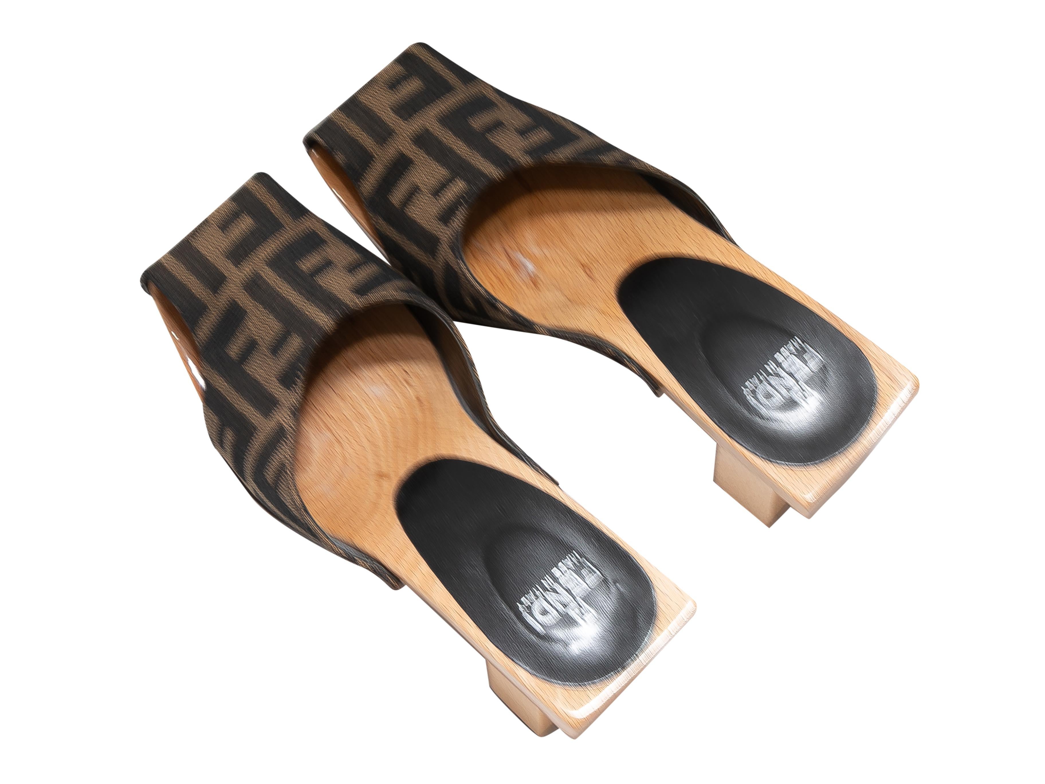 Black Brown Fendi Zucca Square-Toe Cutout Heeled Mules Size 36 For Sale