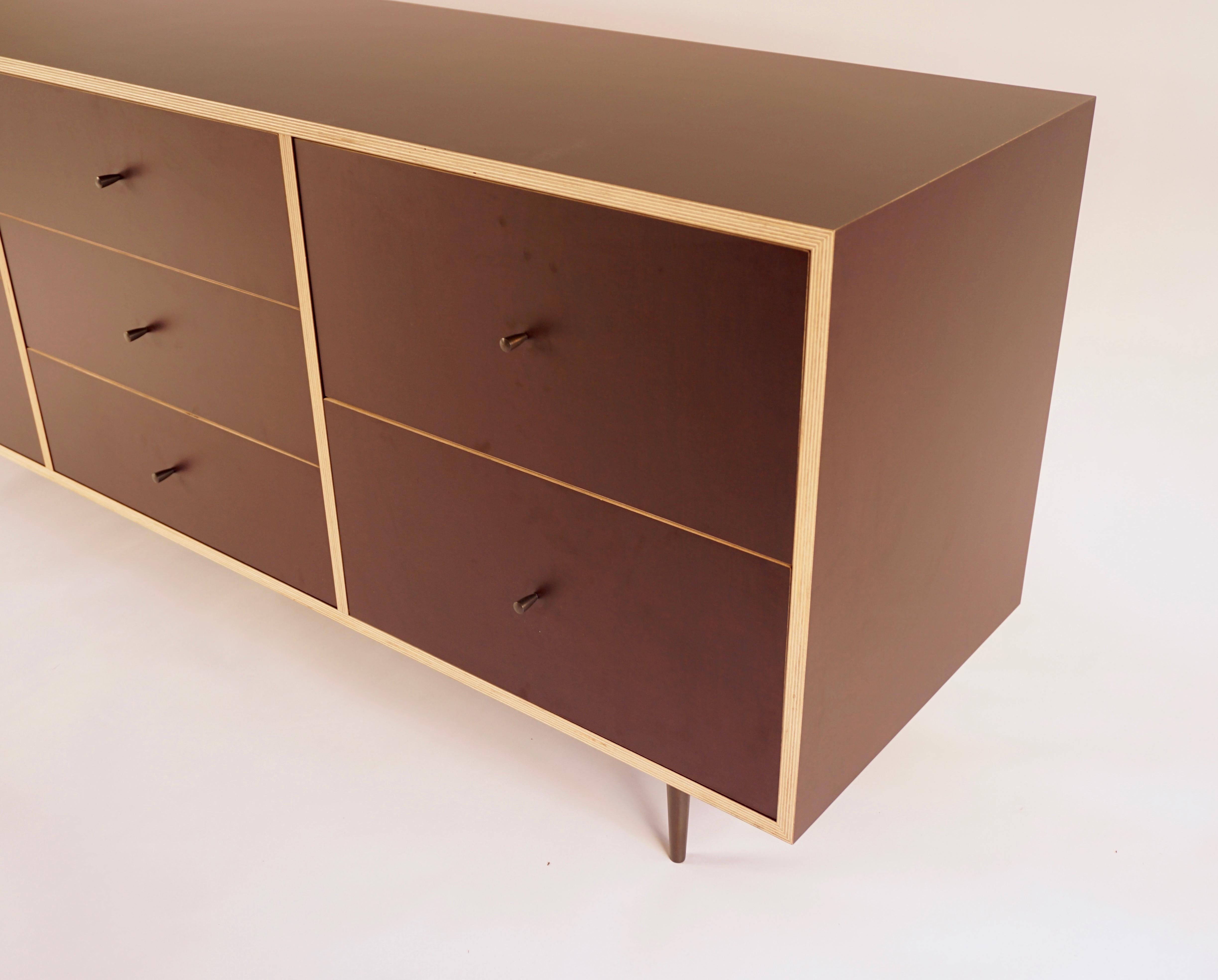 American Brown Finn-Ply Cabinet with Bronze Pulls and Turned Bronze Legs For Sale