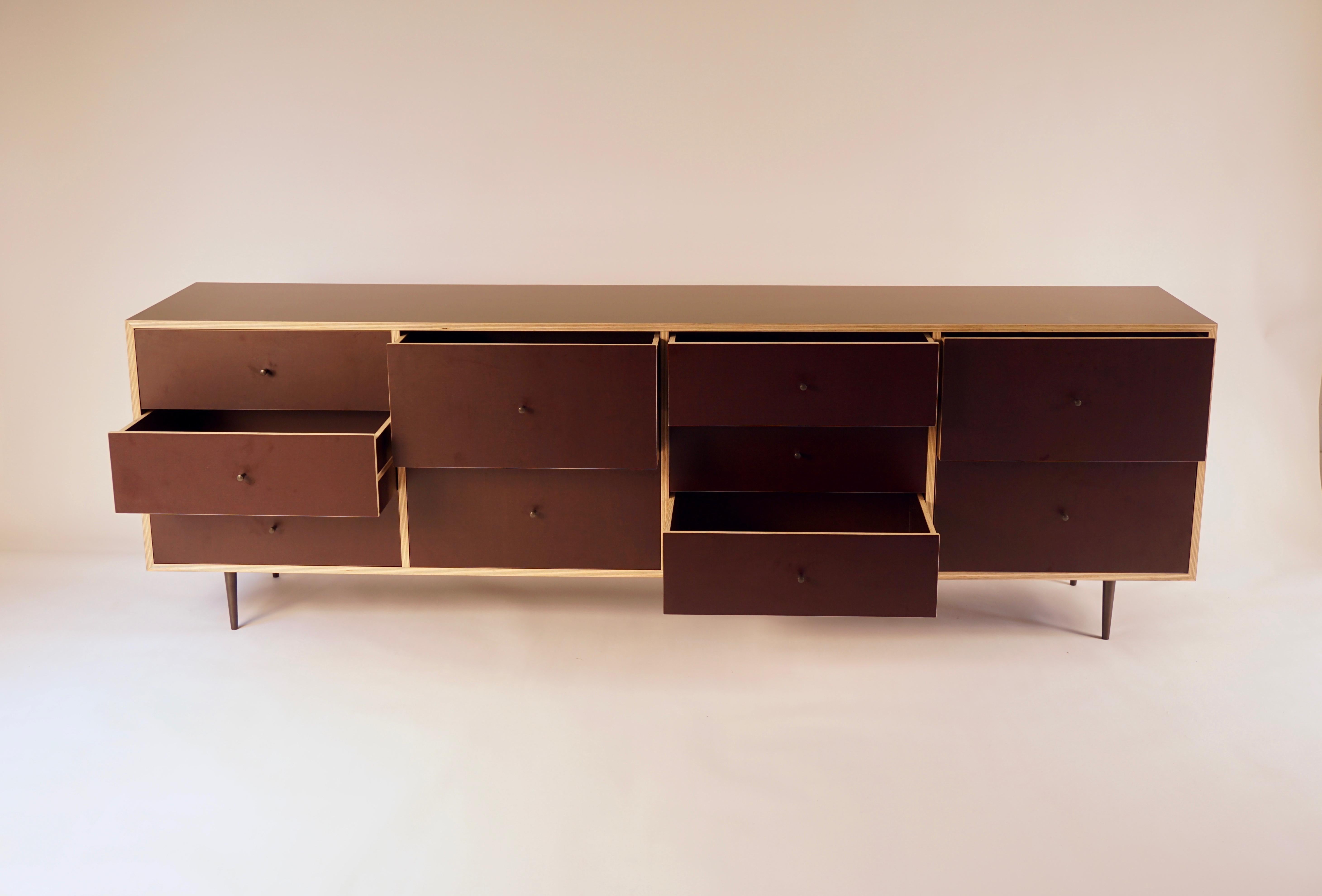 Brown Finn-Ply Cabinet with Bronze Pulls and Turned Bronze Legs In New Condition For Sale In Bangall, NY