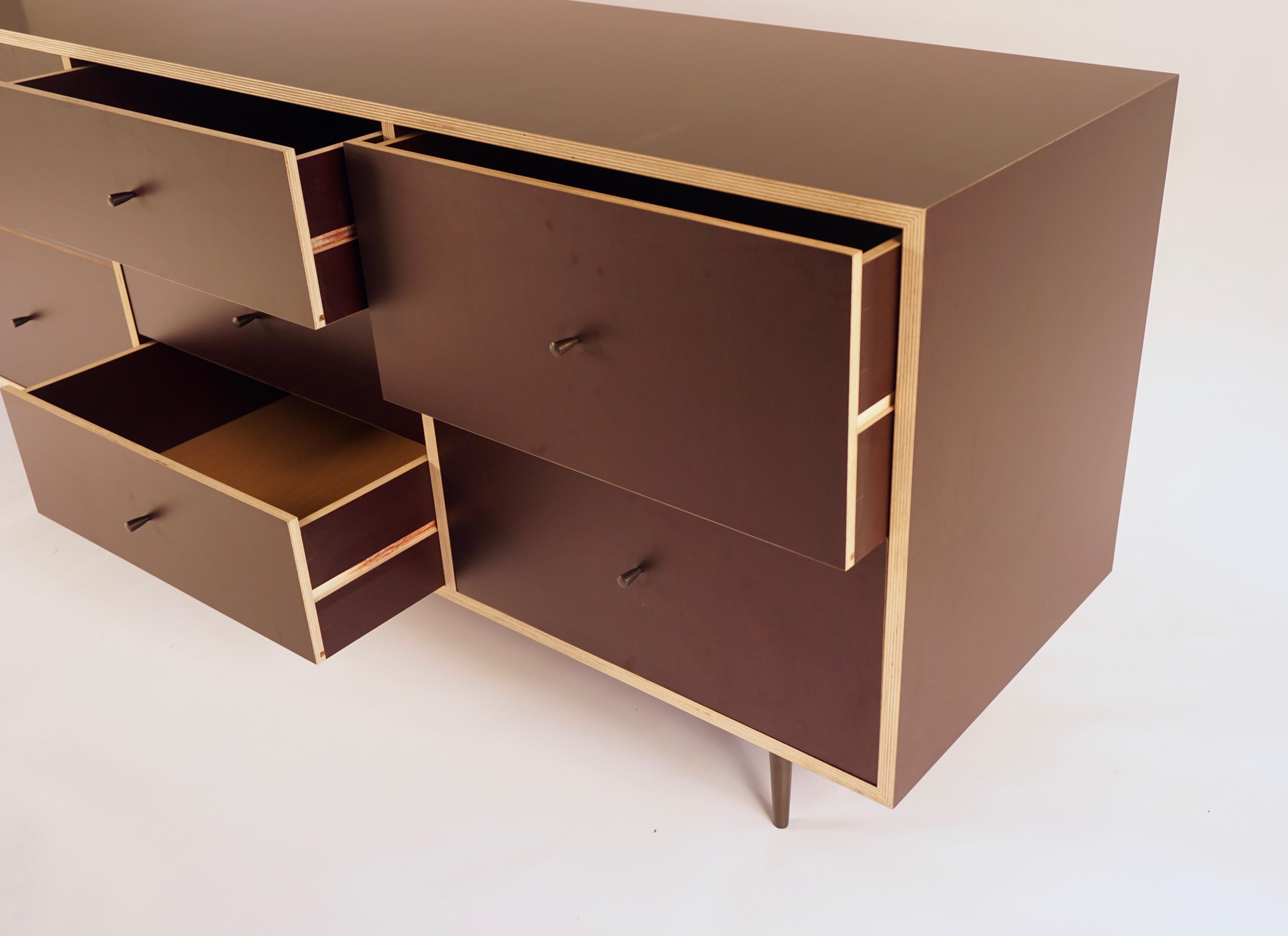 Contemporary Brown Finn-Ply Cabinet with Bronze Pulls and Turned Bronze Legs For Sale