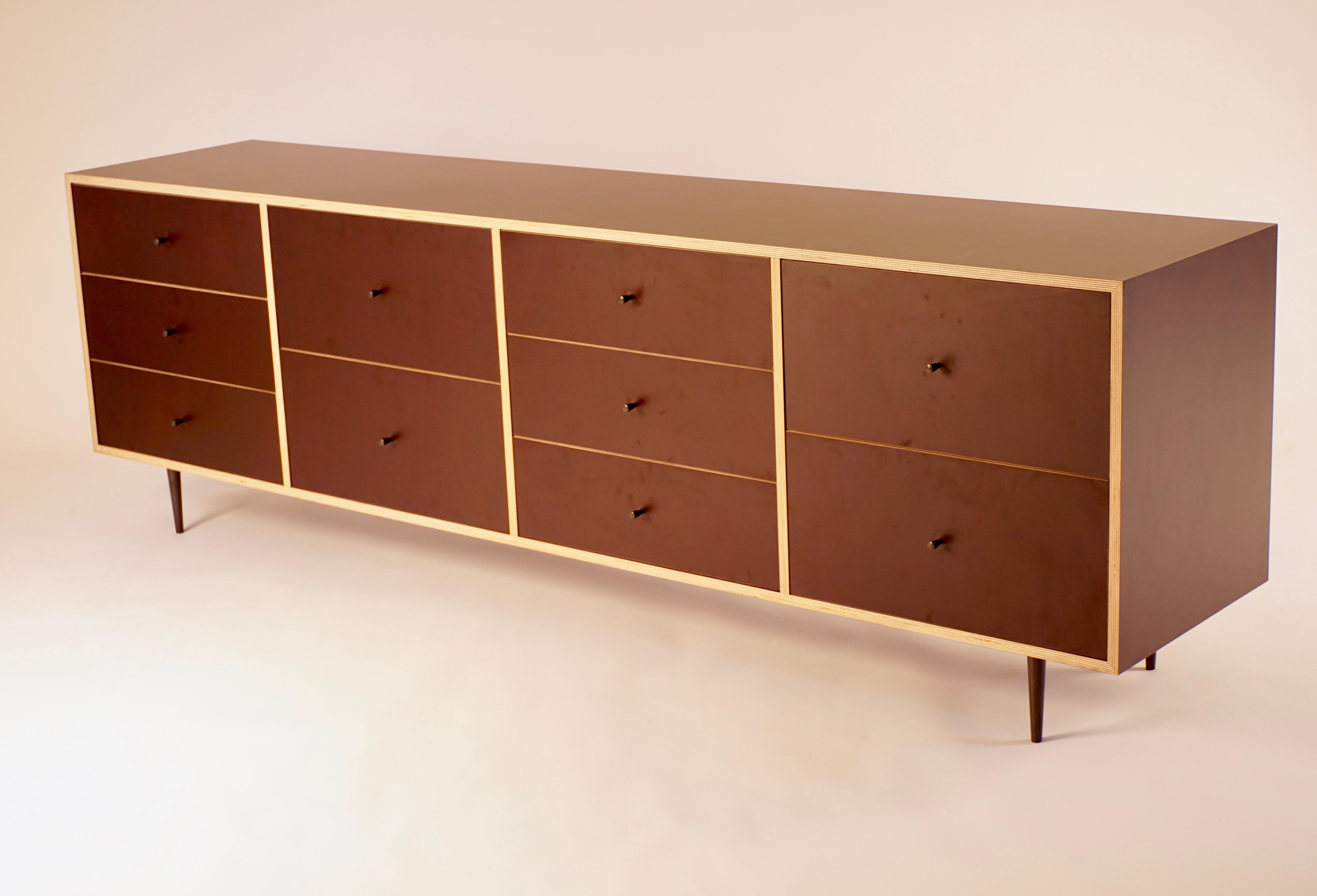 Brown Finn-Ply Cabinet with Bronze Pulls and Turned Bronze Legs For Sale 1