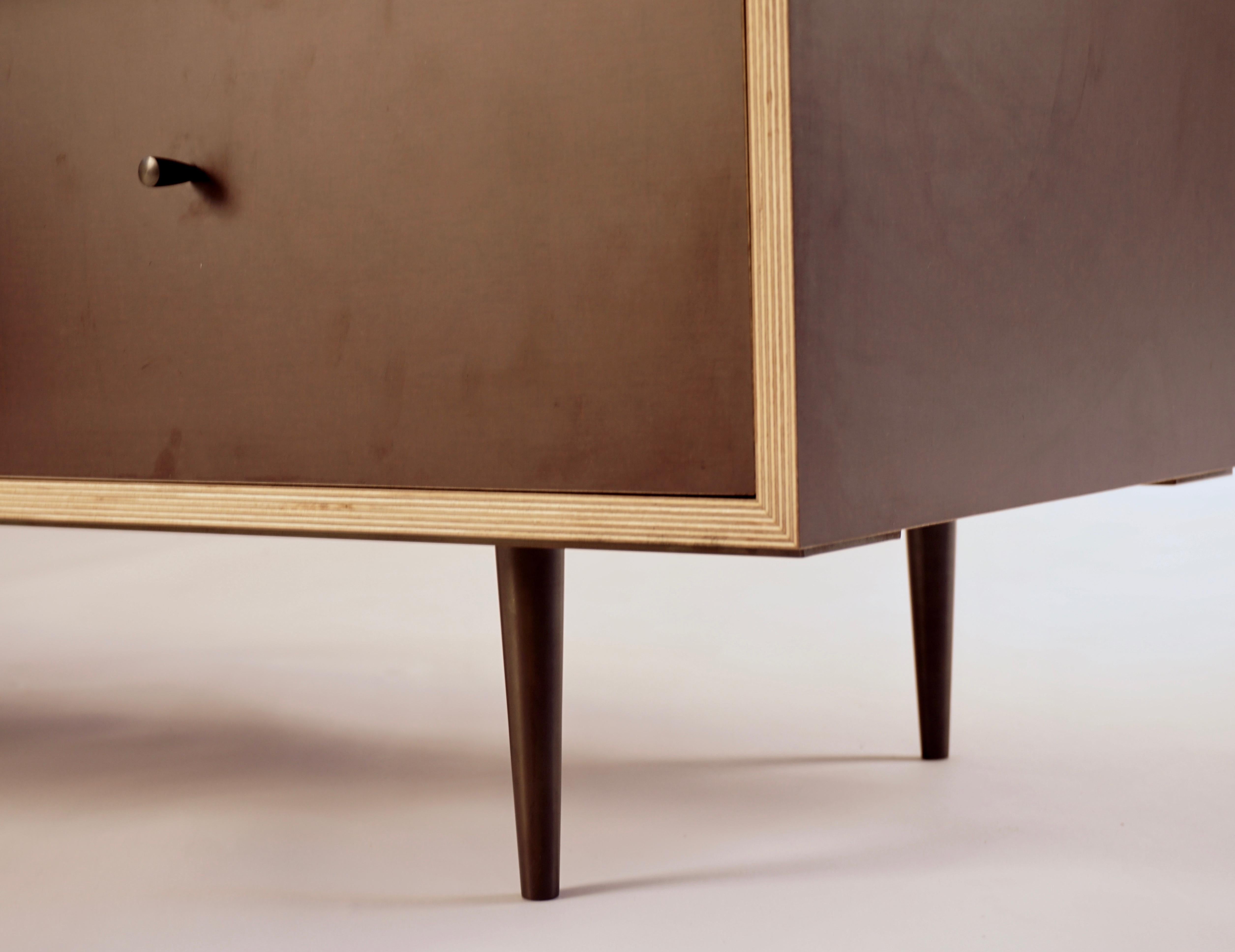 Brown Finn-Ply Cabinet with Bronze Pulls and Turned Bronze Legs For Sale 2