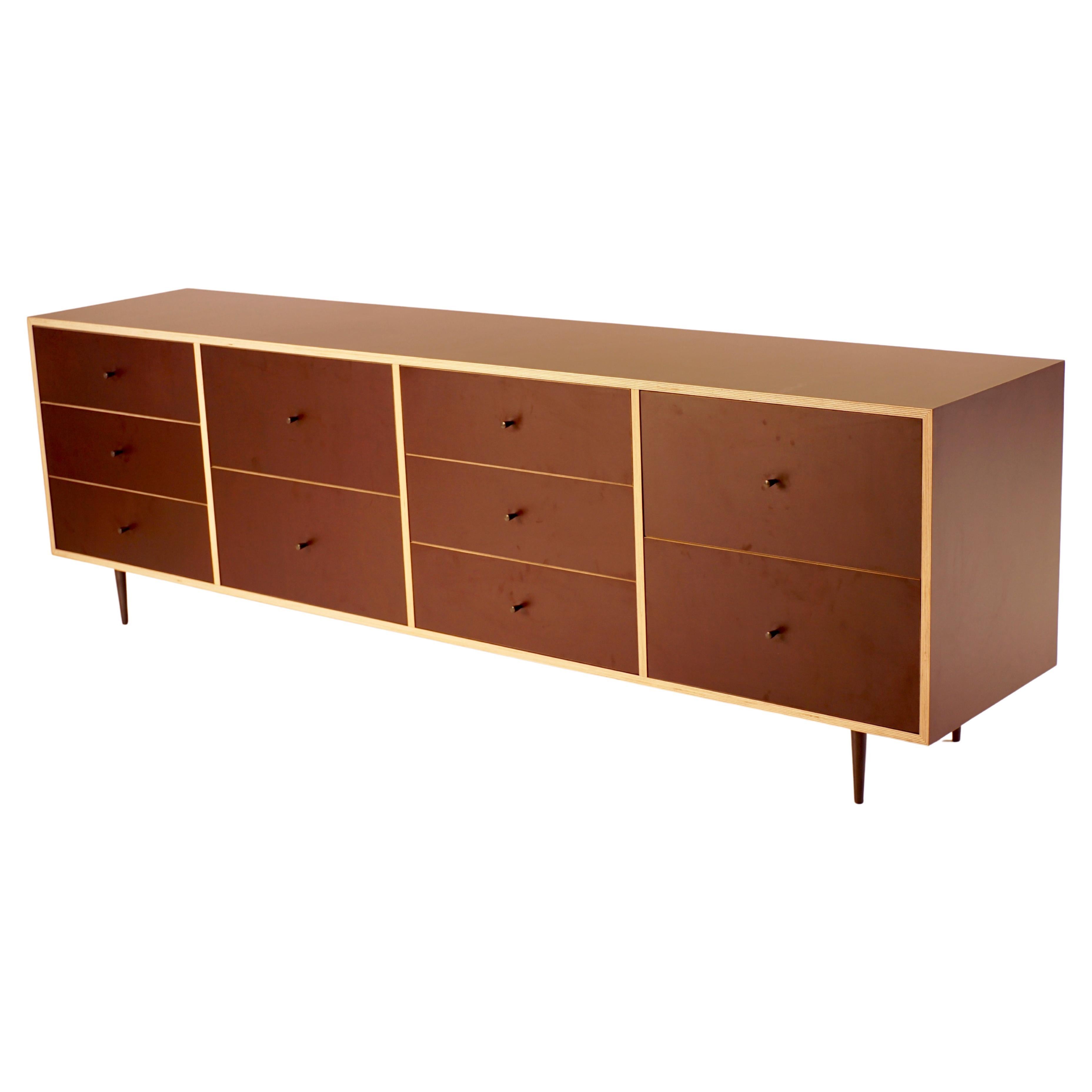 Brown Finn-Ply Cabinet with Bronze Pulls and Turned Bronze Legs For Sale