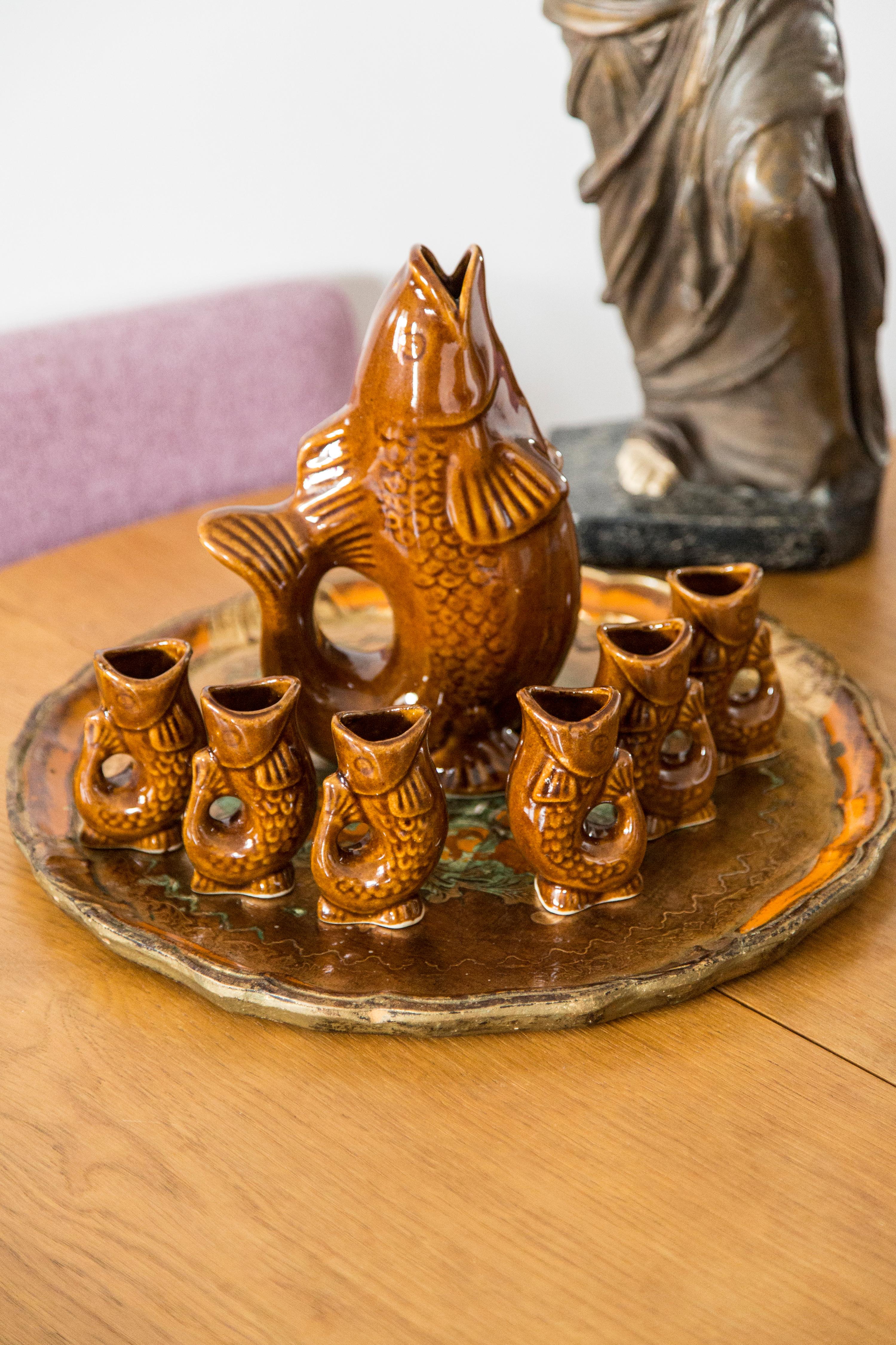 Polish Brown Fish Glass Decanter and Glasses, 20th Century, Europe, 1960s For Sale