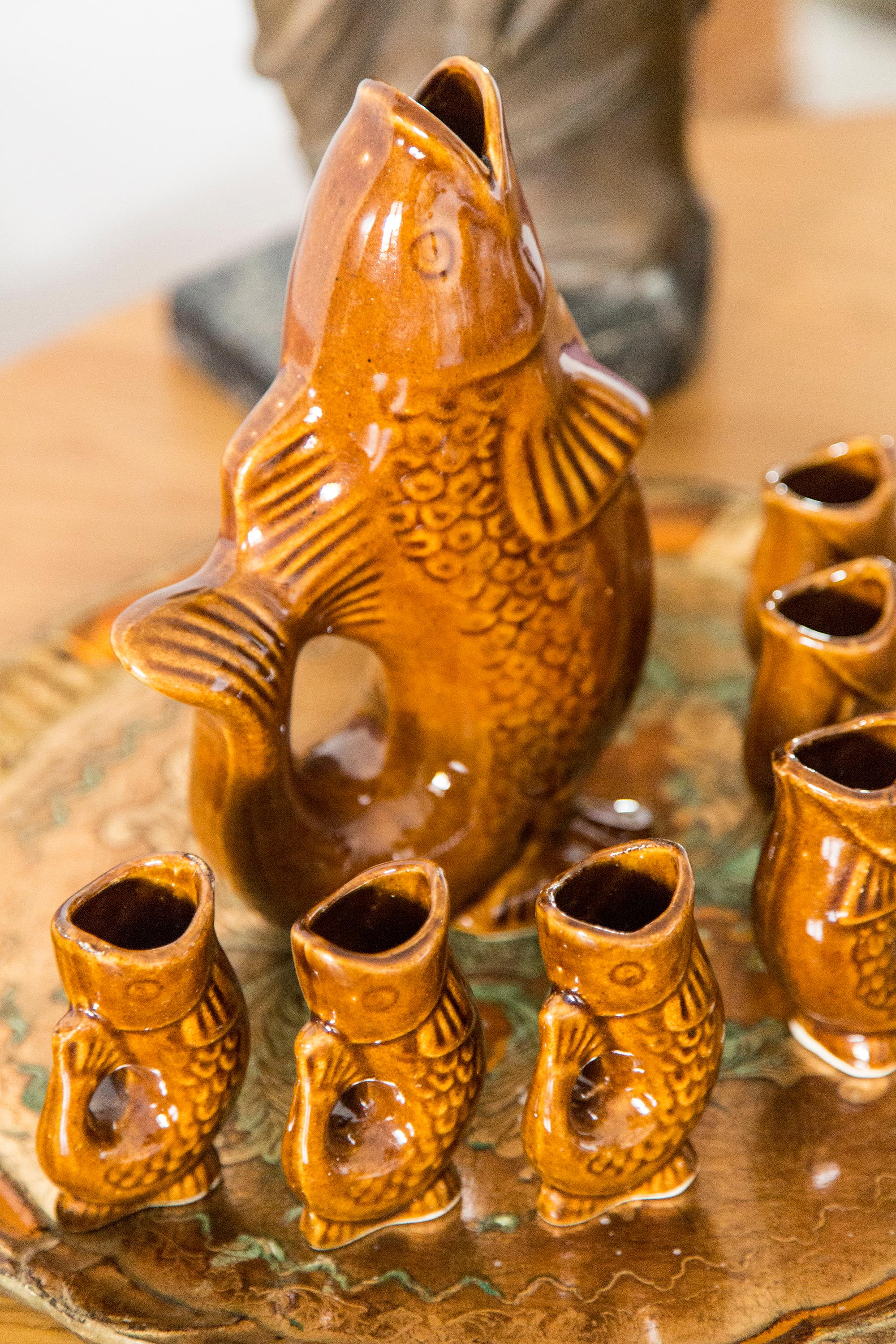Hand-Painted Brown Fish Glass Decanter and Glasses, 20th Century, Europe, 1960s For Sale