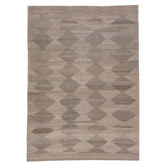 Tappeto moderno in lana Kilim a trama piatta marrone con motivo geometrico