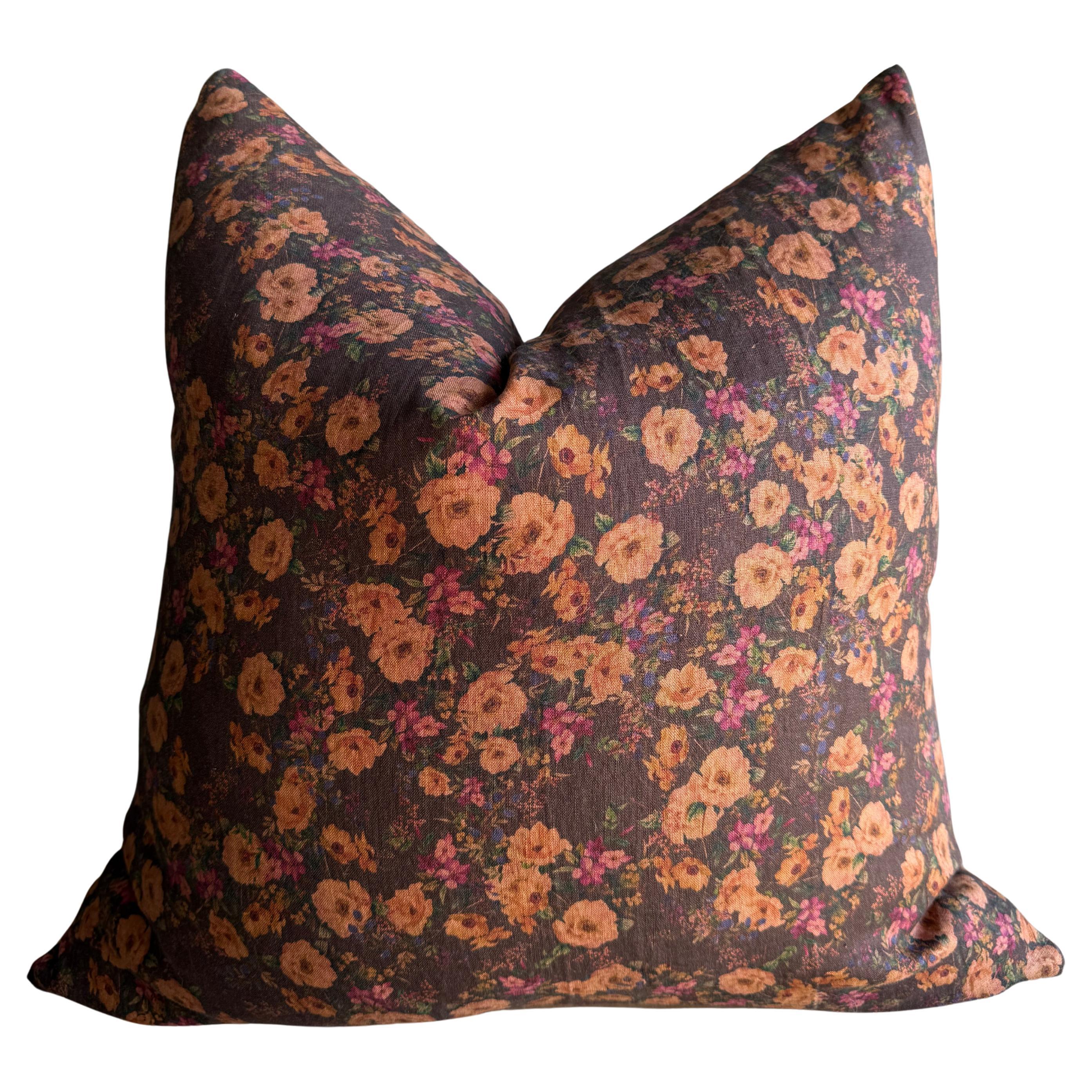 Brown Floral Linen Pillow with Brass Zipper and Down Feather Insert For Sale