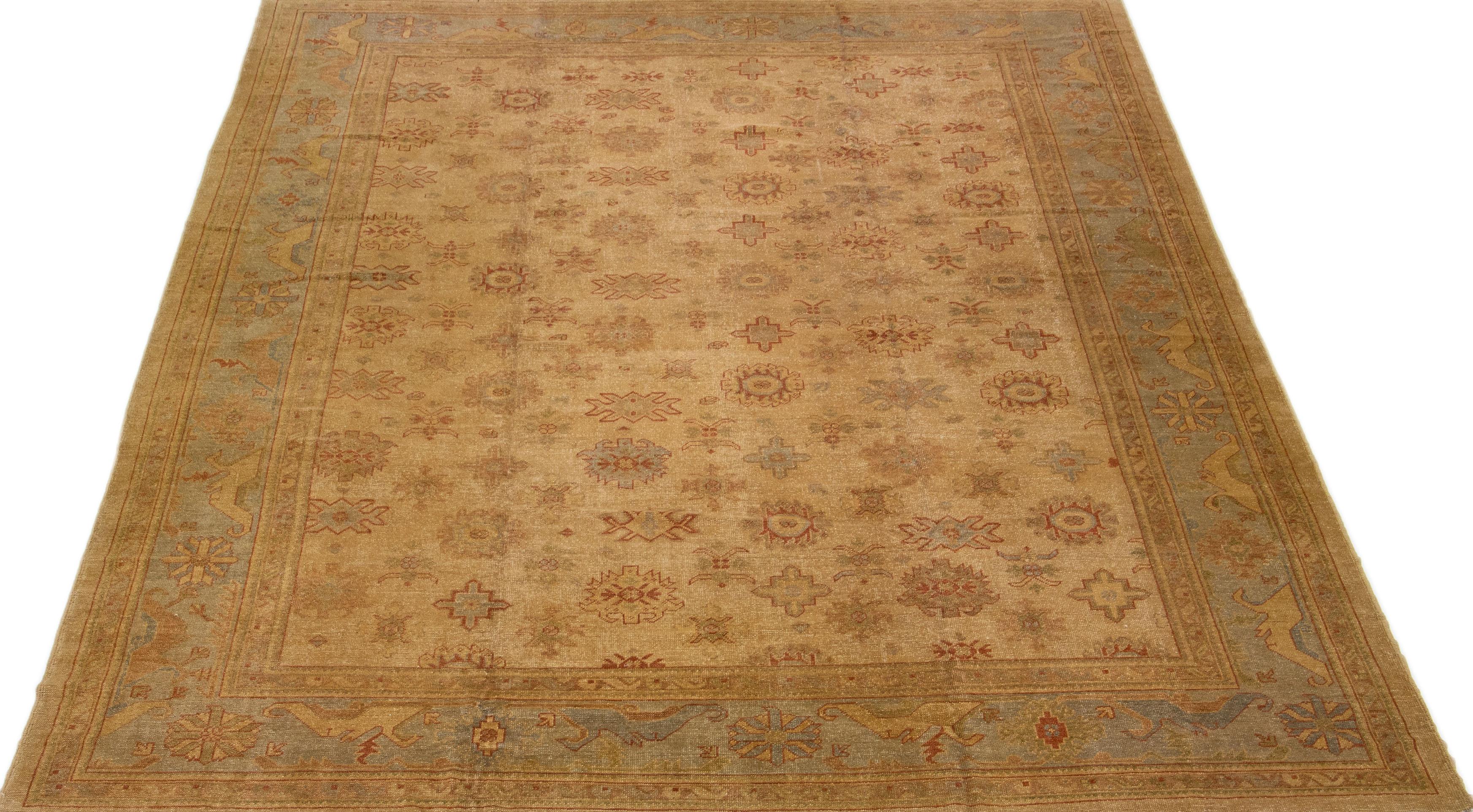 Hand-Knotted Brown Floral Modern Turkish Oushak Handmade Oversize Wool Rug For Sale