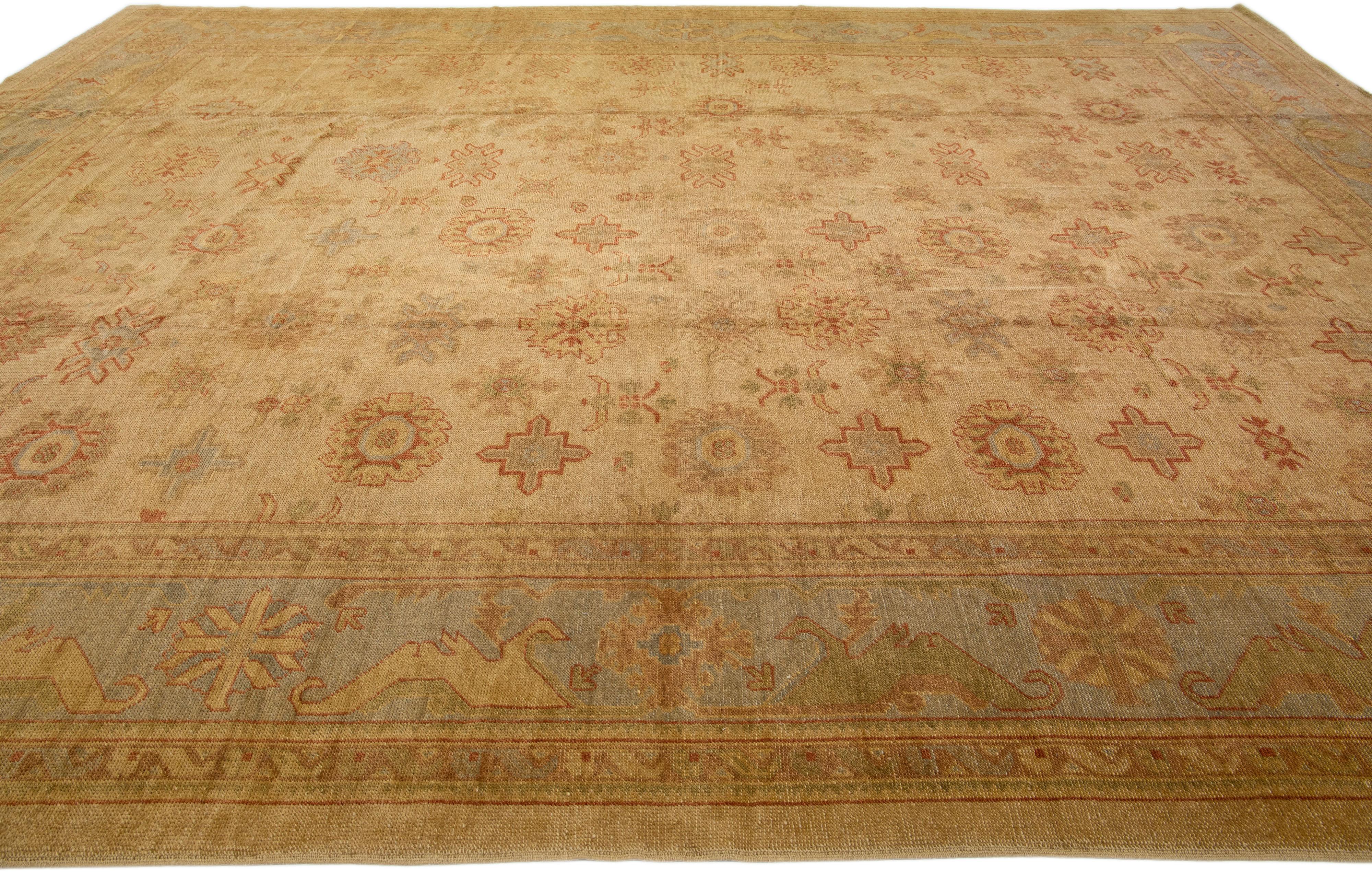 Contemporary Brown Floral Modern Turkish Oushak Handmade Oversize Wool Rug For Sale
