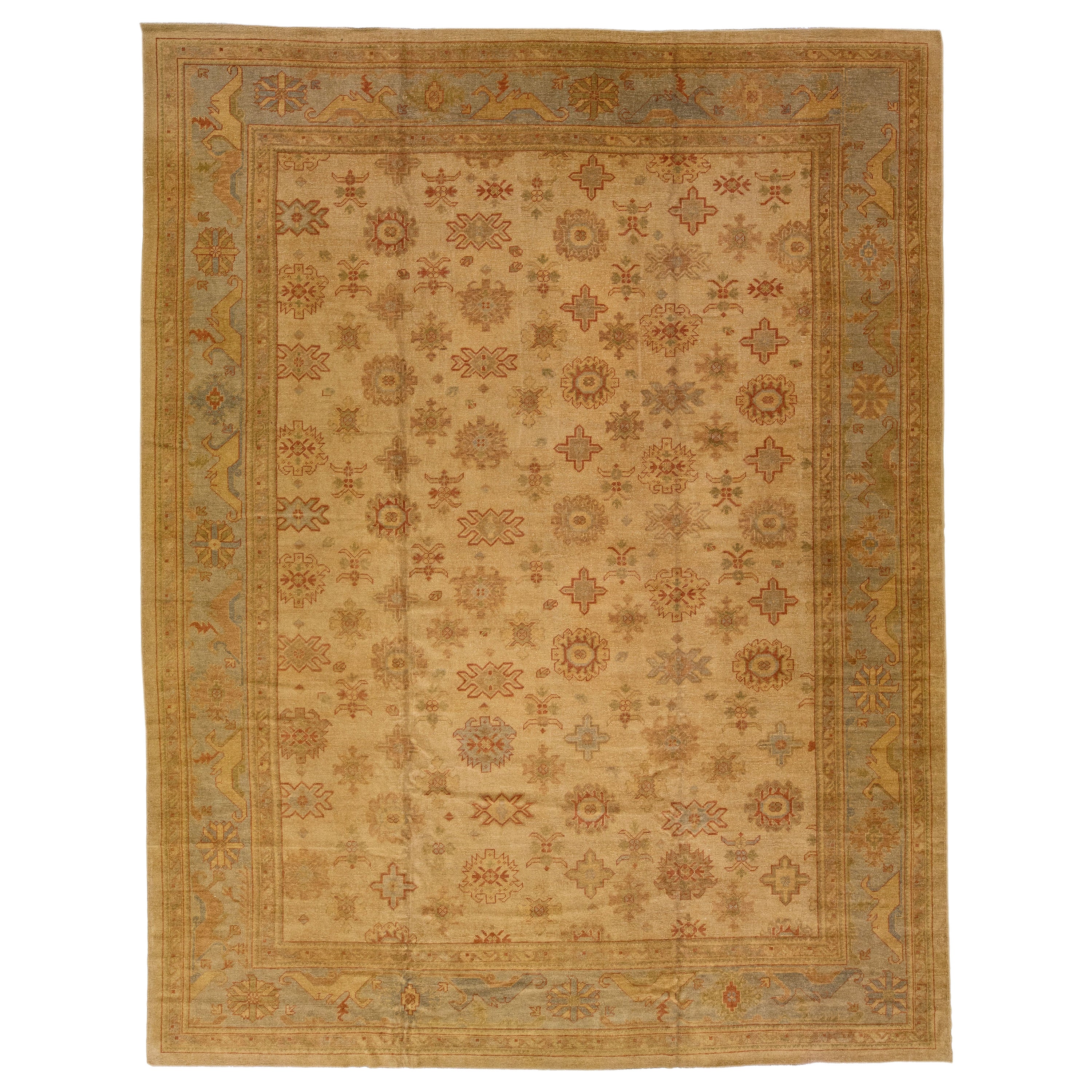 Tappeto marrone floreale moderno turco Oushak fatto a mano in lana oversize in vendita