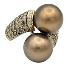 Brown Freshwater Pearl Bypass Ring with Pavé Brown & White Diamonds in 14K Gold