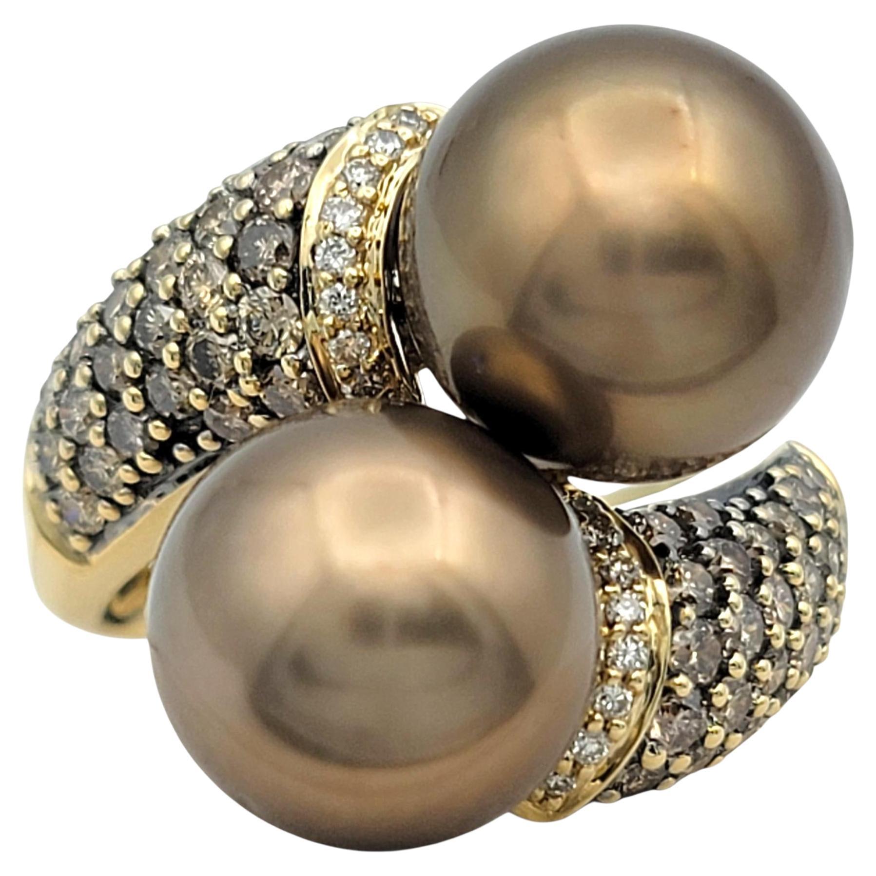 Brown Freshwater Pearl Bypass Ring with Pavé Brown 
White Diamonds in 14K Gold For Sale