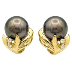 Brown Freshwater Pearl Stud Earrings with Diamonds in 18 Karat Yellow Gold