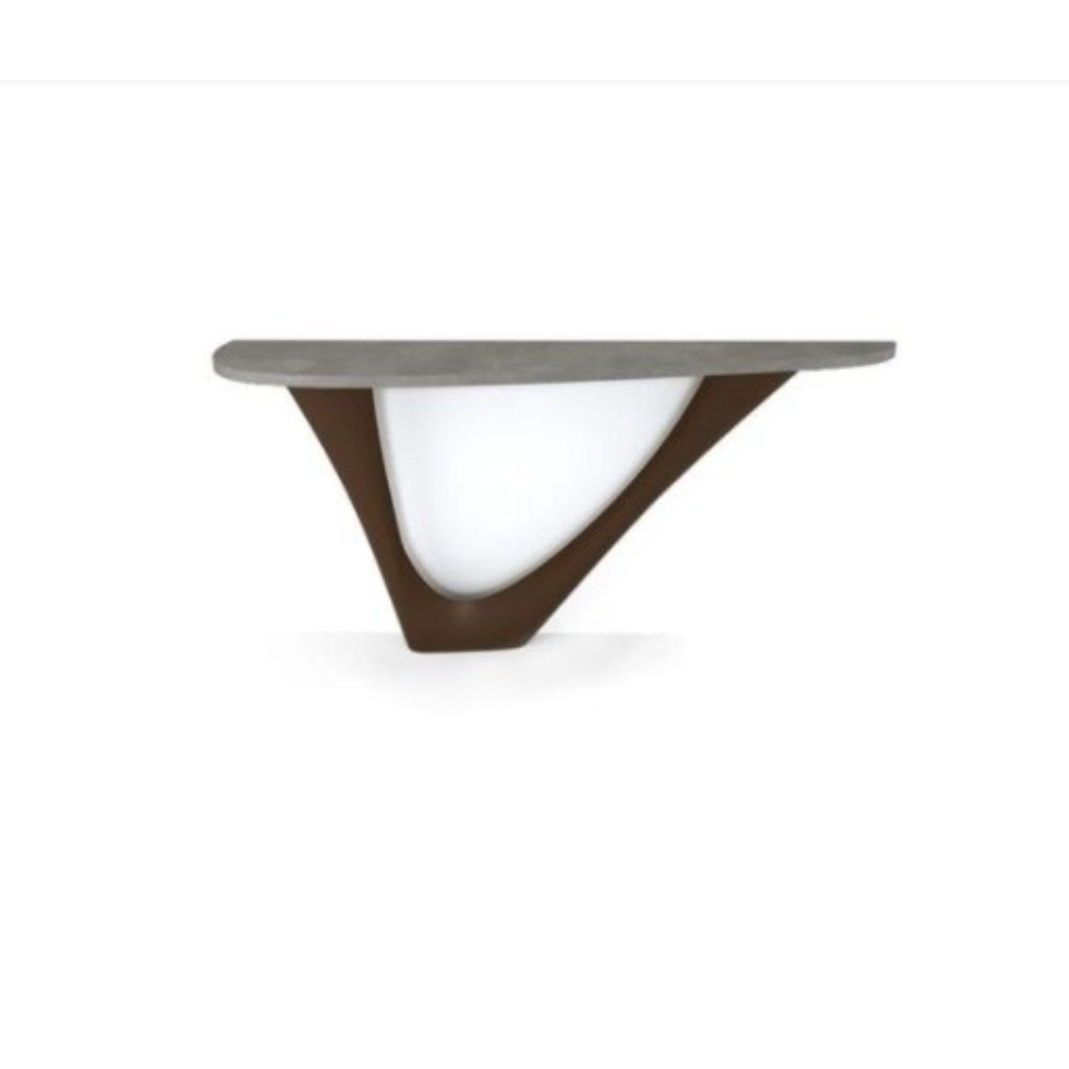 Brown G-Console mono steel base with concrete top by Zieta
Dimensions: D 43 x W 159 x H 75 cm 
Material: Concrete, carbon steel.
Also available in different colors and dimensions.

G-Console is another bionic object in our collection. Created for