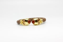 Brown Galuchat Skin Bangle Bracelet with Skull Gold-Plated & Natural Coral Stone