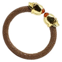 Brown Galuchat Skin Bangle Bracelet with Skull Gold-Plated & Natural Coral Stone