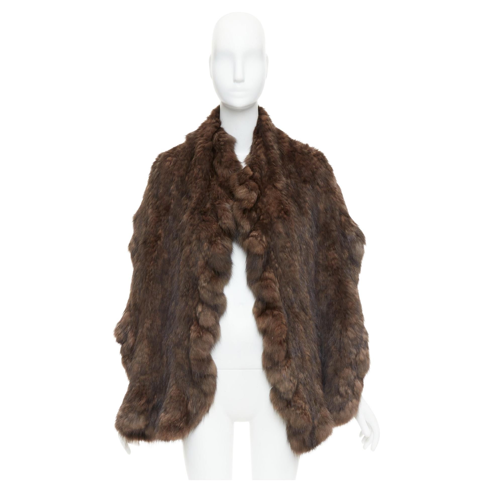 Brown genuine fur patchwork large shawl stole scarf