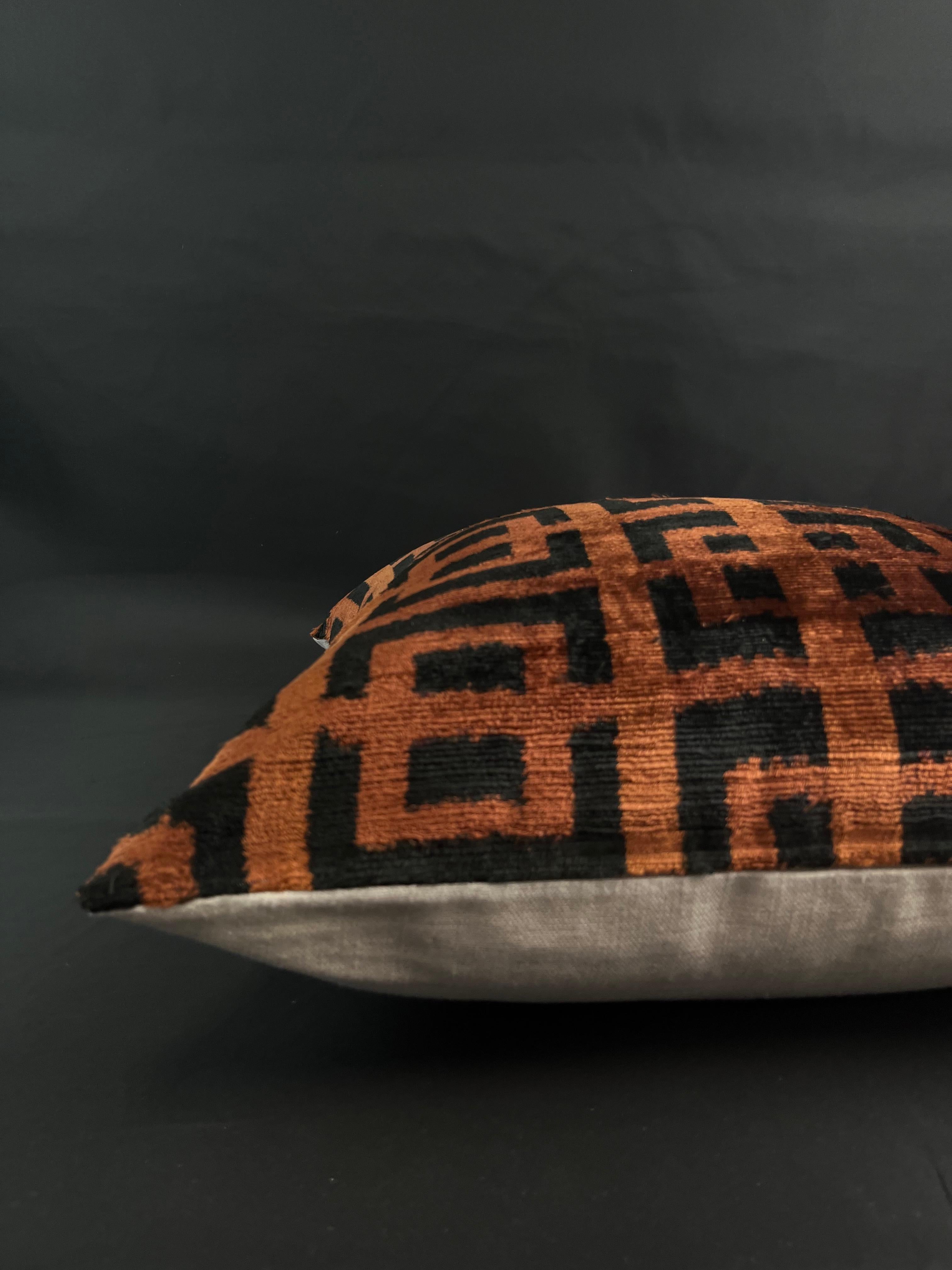 Turkish Brown Geometric Design Velvet Silk Ikat Pillow Cover For Sale