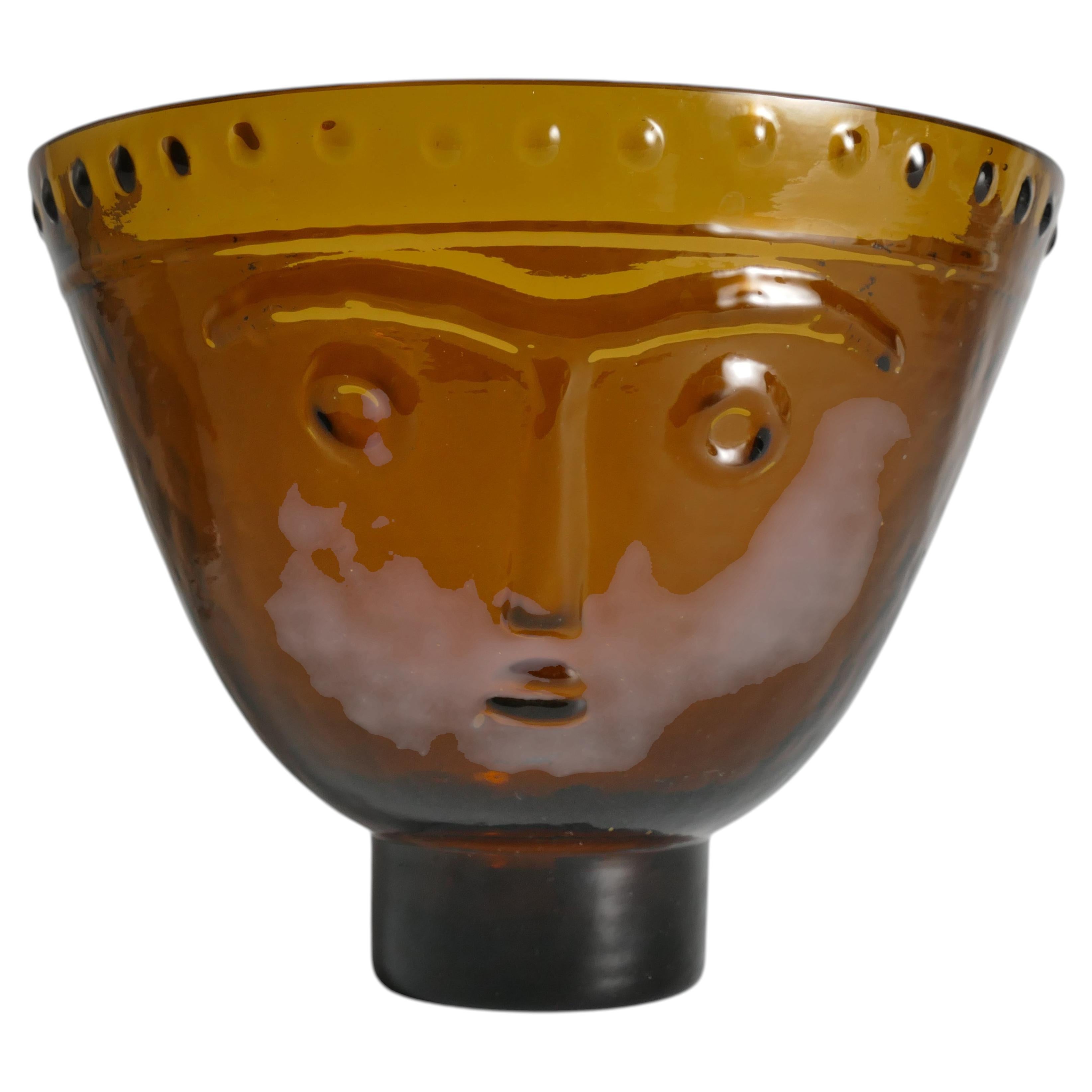 Brown Glass Face Motif Bowl by Wiktor Berndt for Flygfors, Sweden, 1960's For Sale
