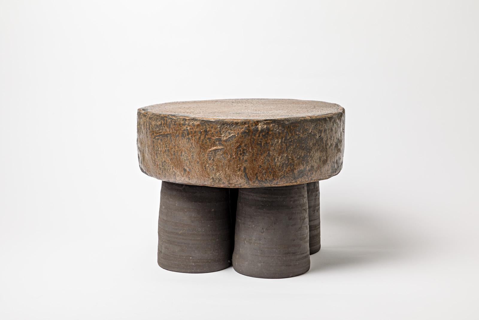 French Brown Glazed Ceramic Stool or Coffee Table by Mia Jensen, 2023