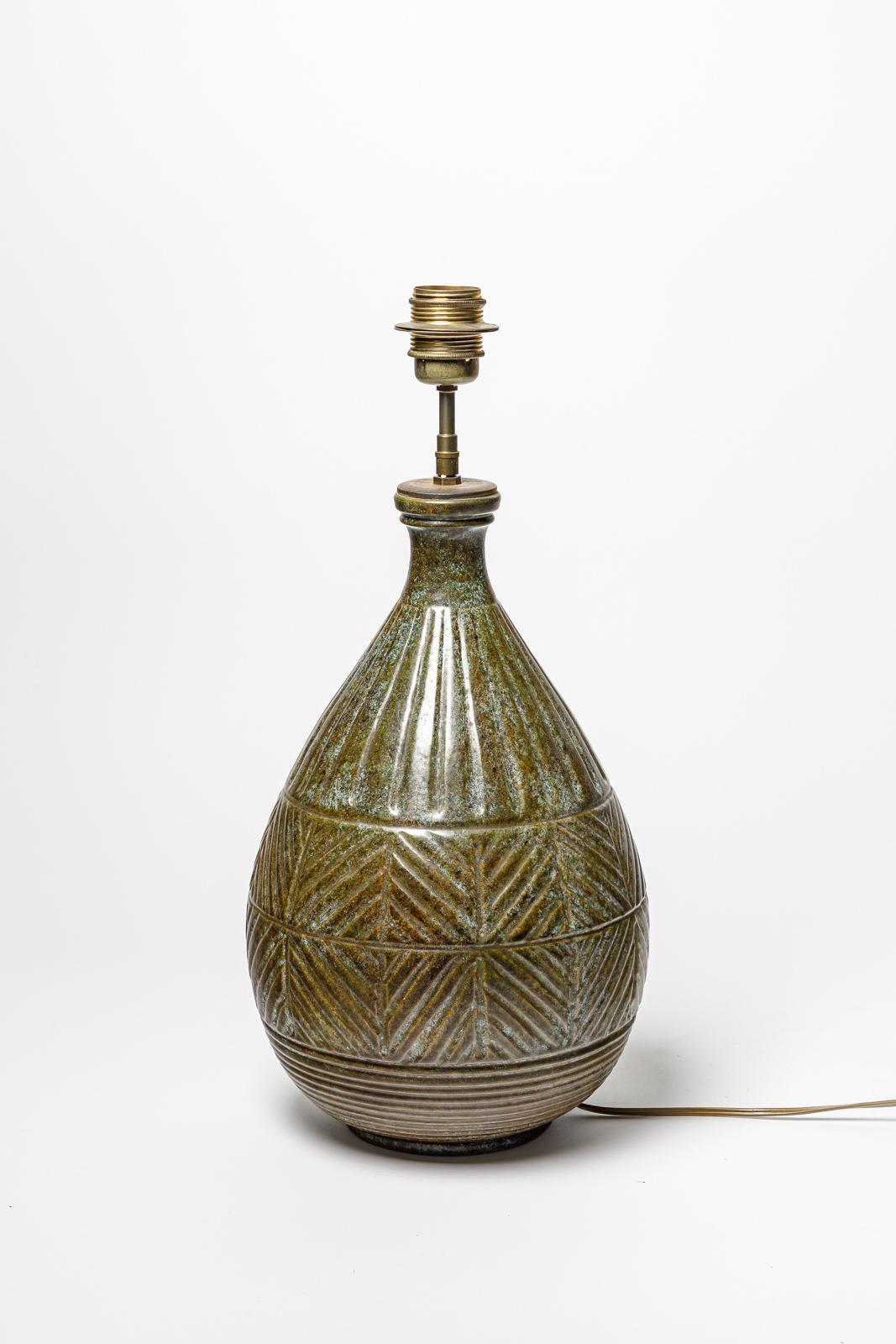 French Brown glazed ceramic table lamp by La Grange au Potier, circa 1960. For Sale