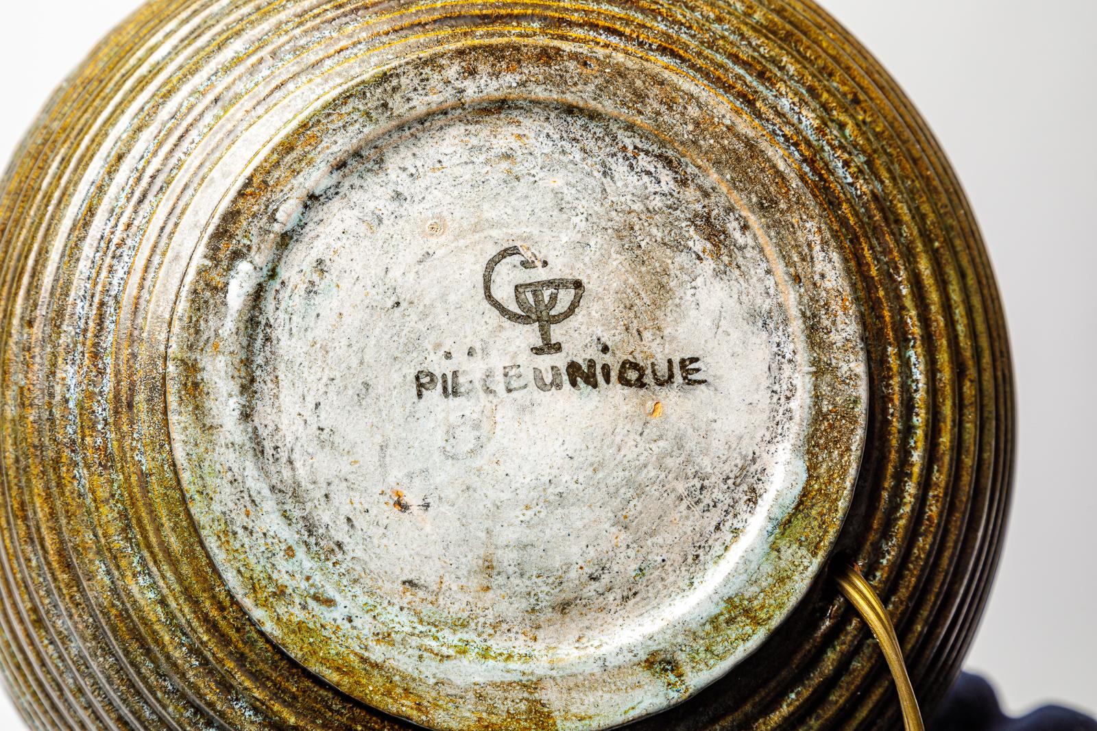 Milieu du XXe siècle Lampe de table en céramique émaillée Brown par La Grange au Potier, vers 1960. en vente