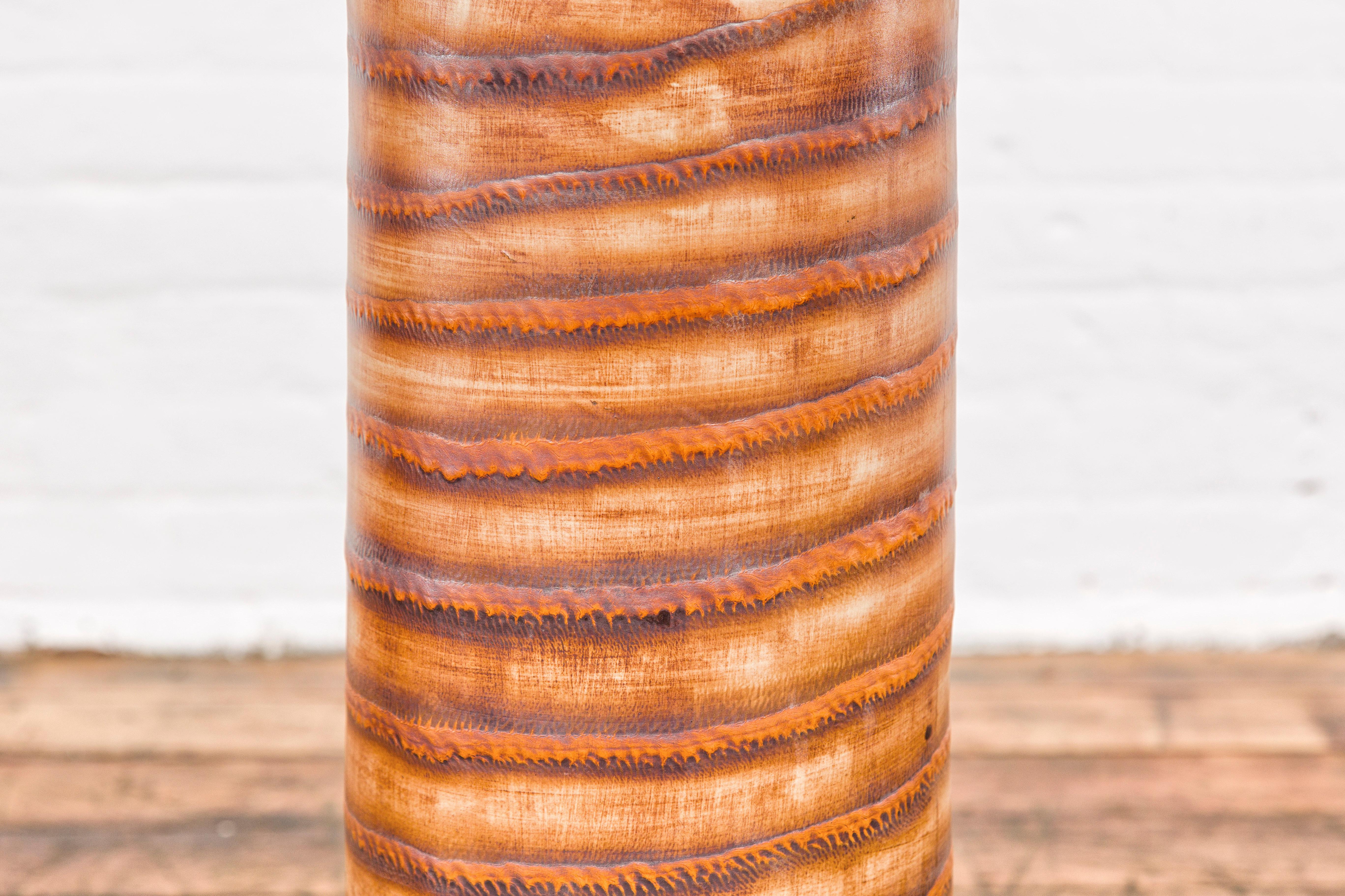 Brown Glazed Ceramic Umbrella Stand Planter with Spiraling Décor 1