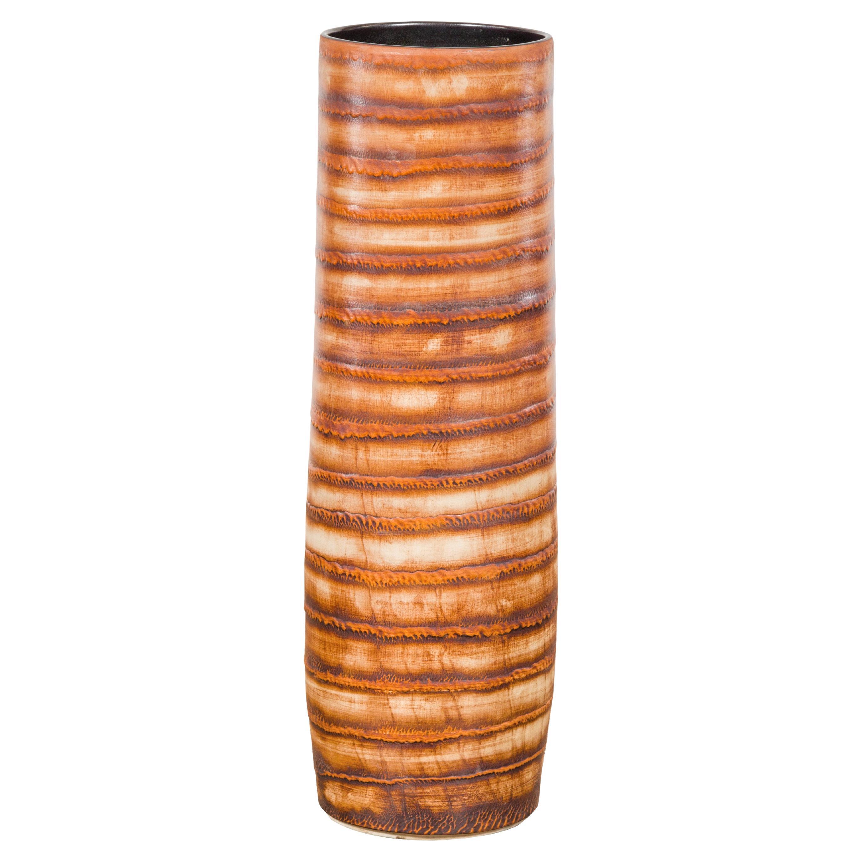 Brown Glazed Ceramic Umbrella Stand Planter with Spiraling Décor For Sale