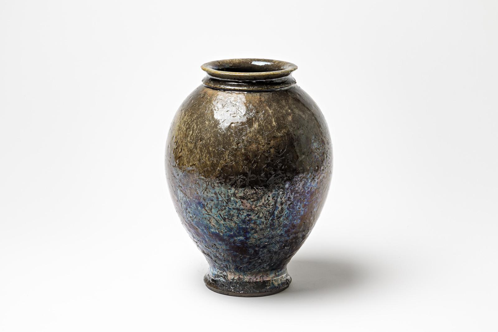 Vaso in ceramica smaltata marrone con riflessi metallici di Gisèle Buthod-Garçon, 1990 In condizioni ottime in vendita a Saint-Ouen, FR