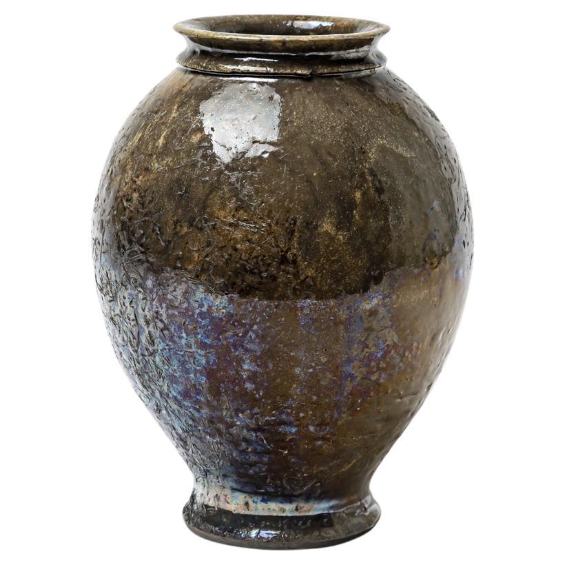 Vase aus braun glasierter Keramik mit metallischen Highlights von Gisèle Buthod-Garçon, 1990