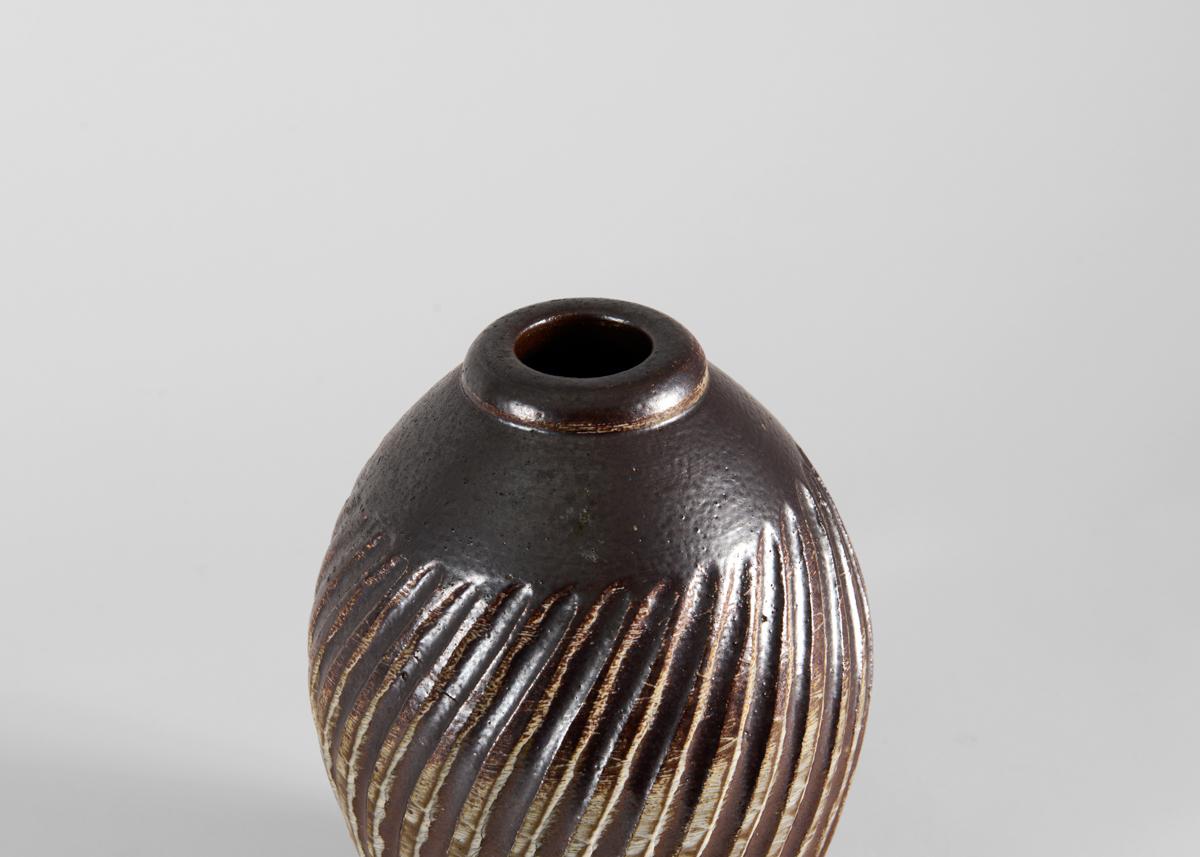 Mid-Century Modern Brown Glazed Ceramic Vase with Swirling Furrows, Wallåkra, Sweden, 1960s