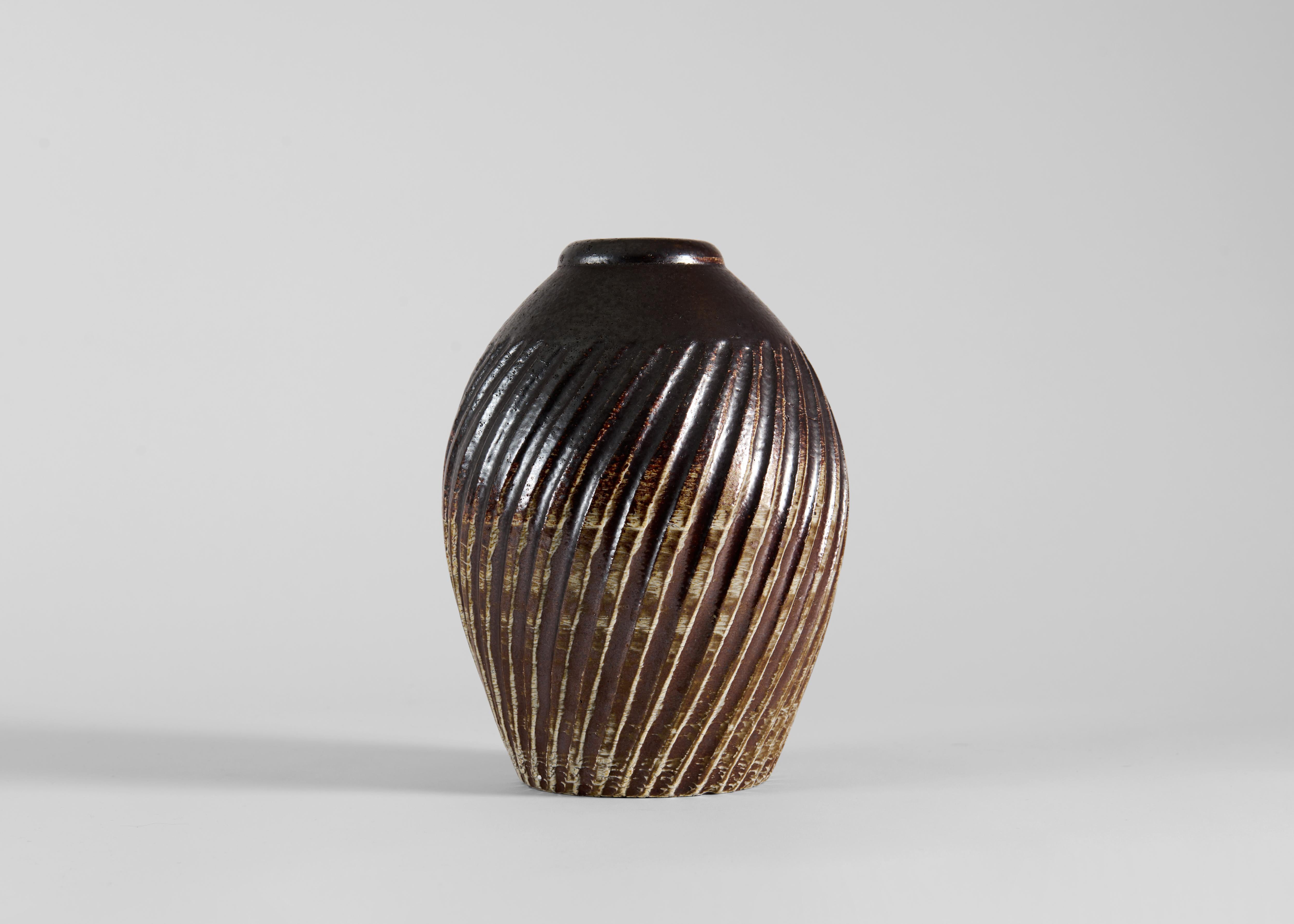 Swedish Brown Glazed Ceramic Vase with Swirling Furrows, Wallåkra, Sweden, 1960s