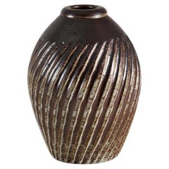 Brown Glazed Ceramic Vase with Swirling Furrows, Wallåkra, Sweden, 1960s