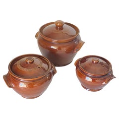 Zuppiera in gres con coperchio marrone Inghilterra Set di 3 circa 1950