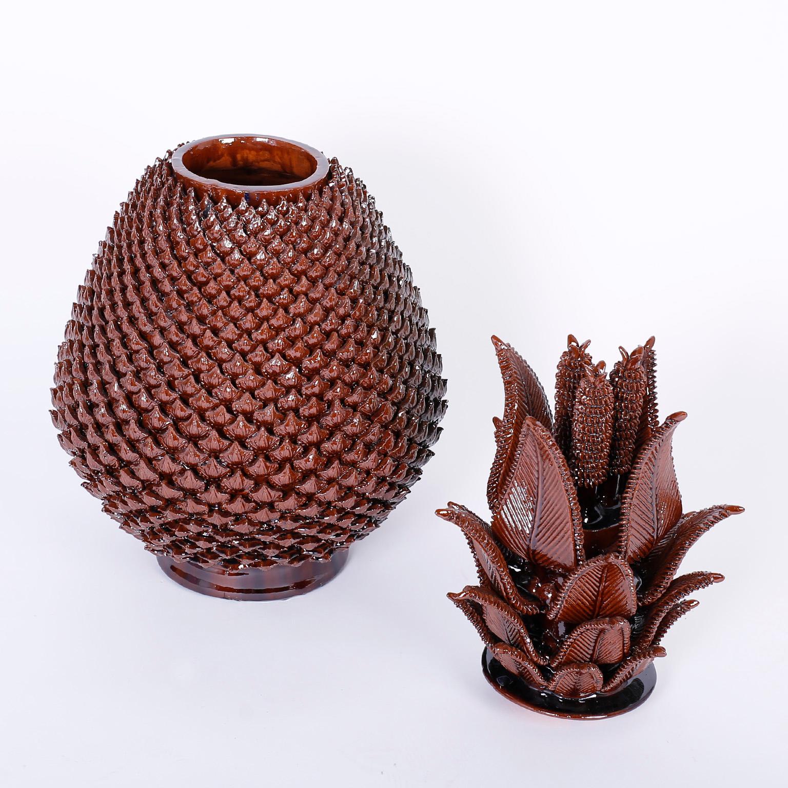 Hand-Crafted Brown Glazed Terracotta Lidded Pineapple Jar For Sale