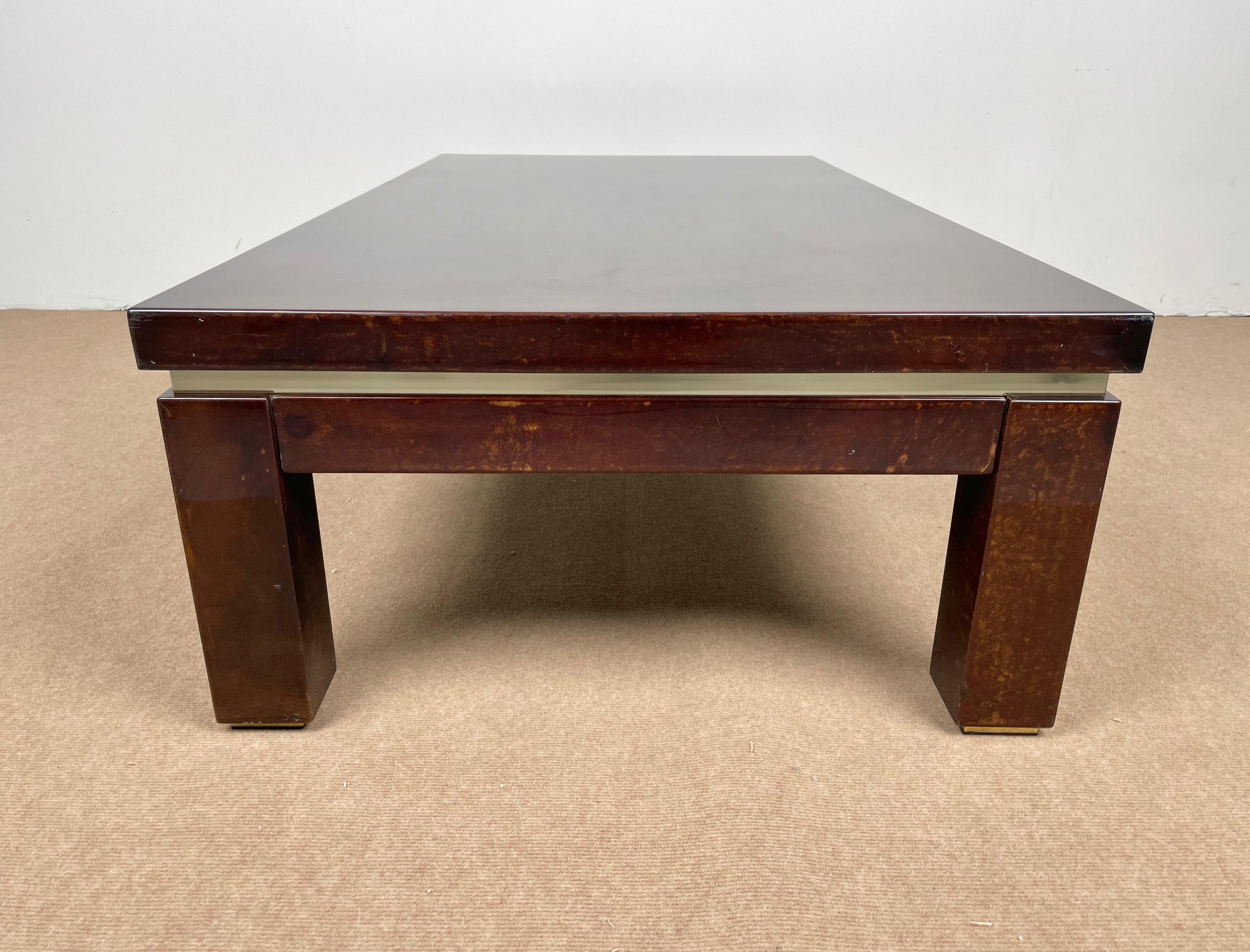 Brown Goatskin and Brass Coffee Table Attributed to Aldo Tura, Italy, 1960s For Sale 3