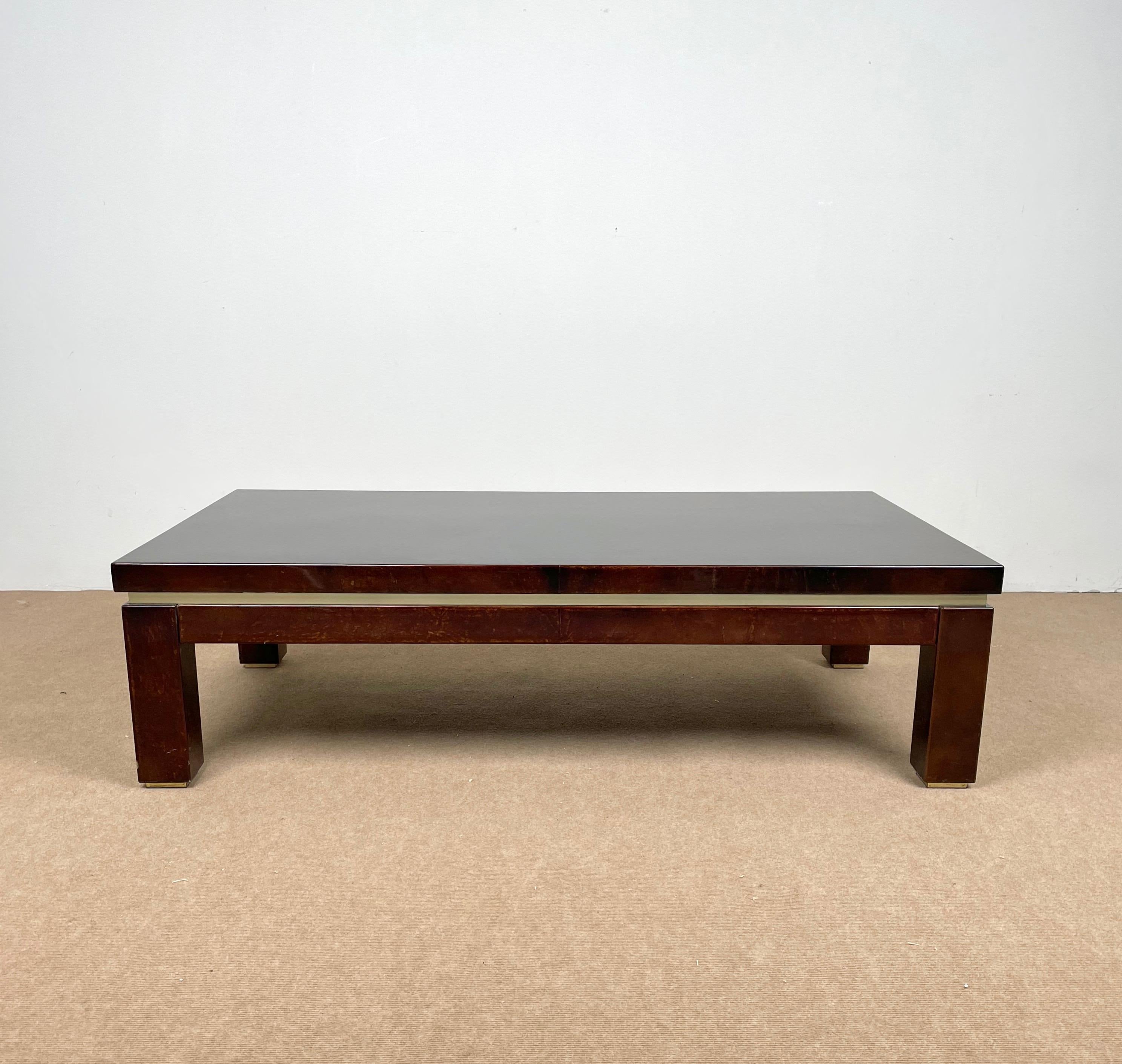 Mid-Century Modern Brown Goatskin and Brass Coffee Table Attributed to Aldo Tura, Italy, 1960s For Sale