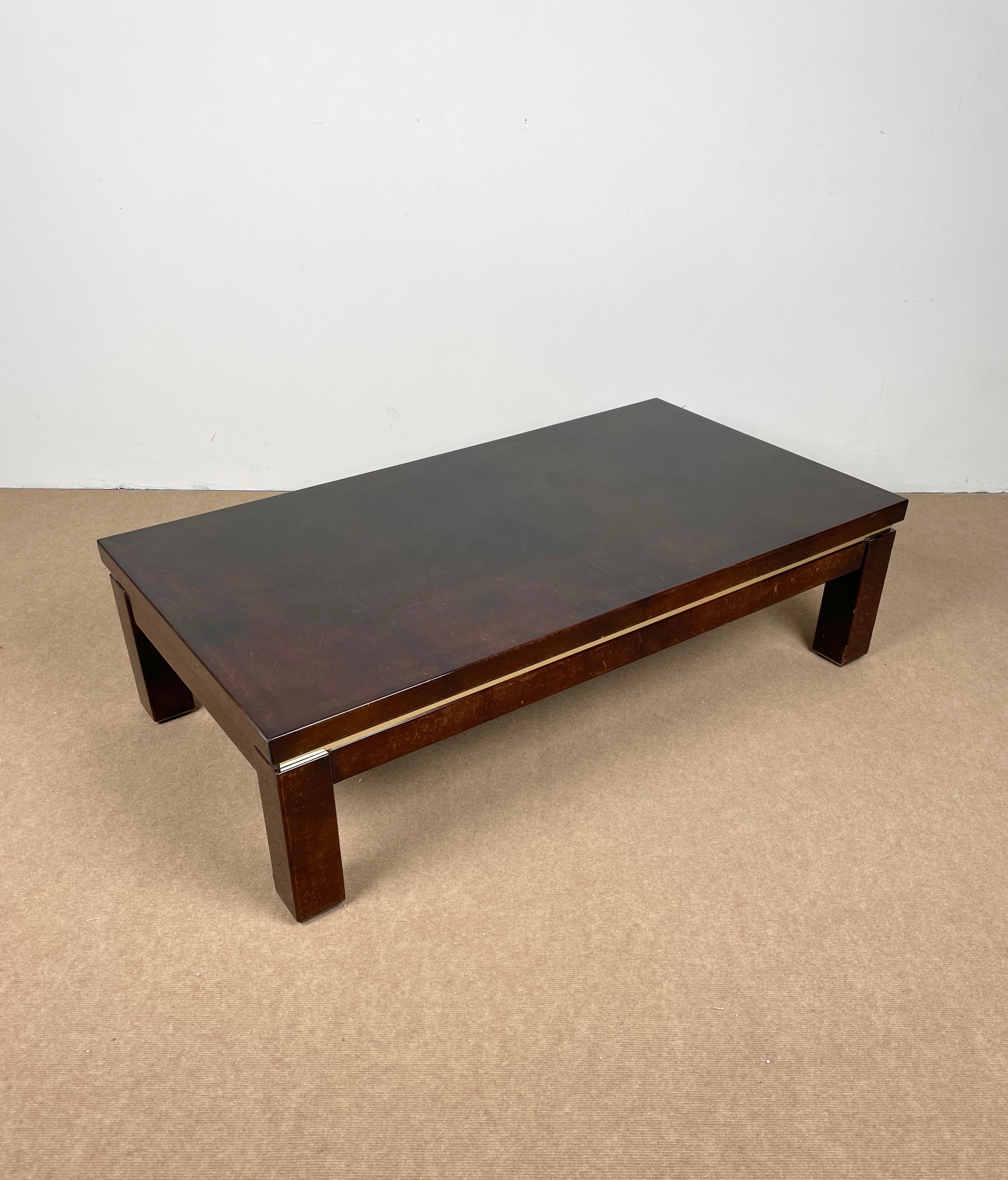 Italian Brown Goatskin and Brass Coffee Table Attributed to Aldo Tura, Italy, 1960s For Sale