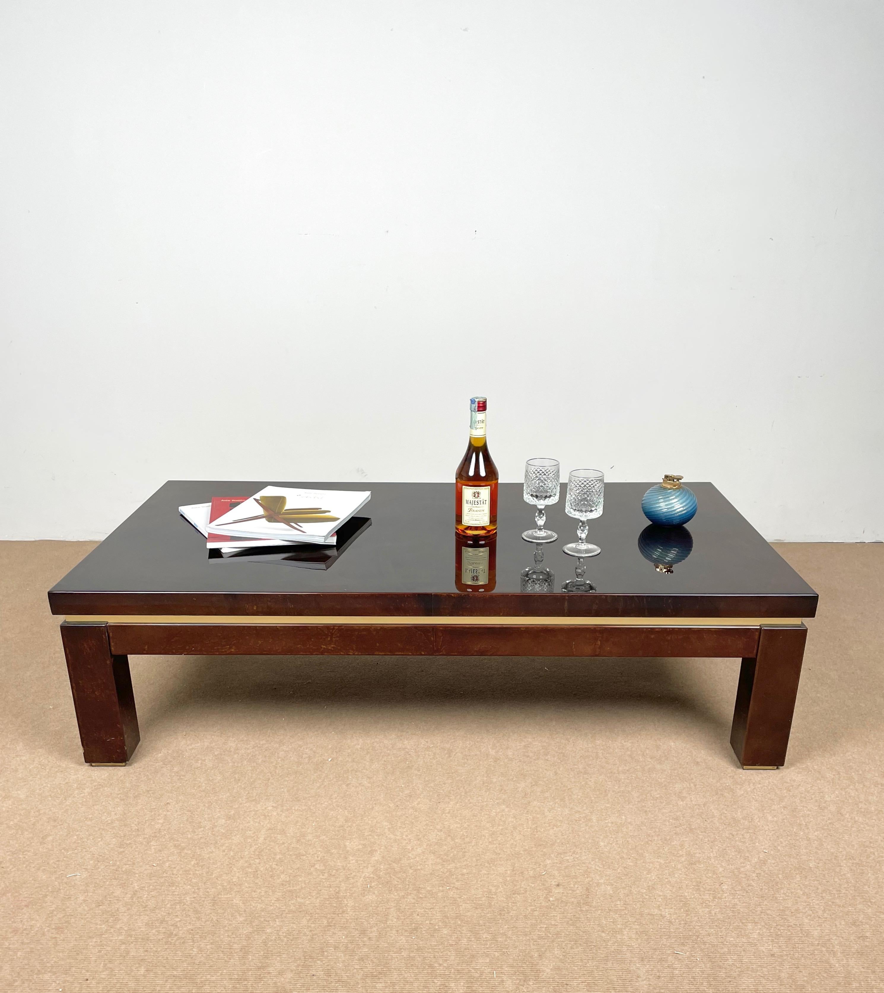 Metal Brown Goatskin and Brass Coffee Table Attributed to Aldo Tura, Italy, 1960s For Sale