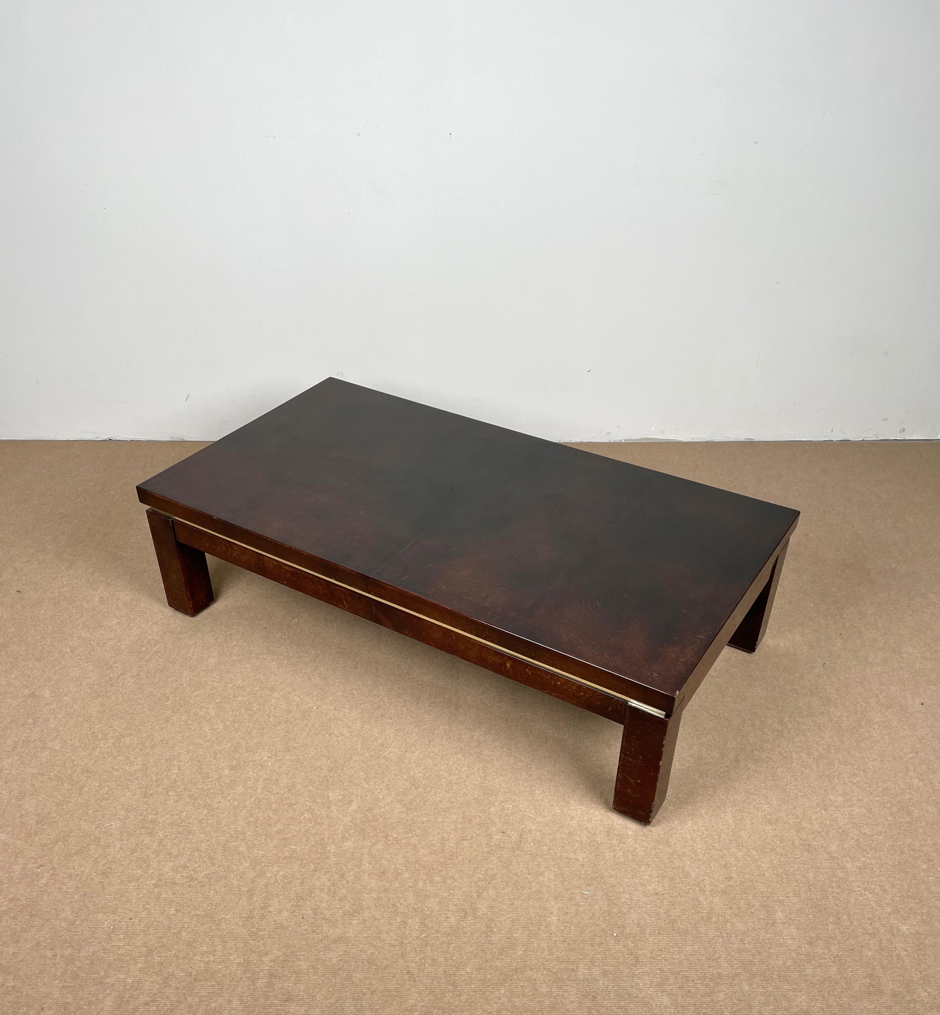 Brown Goatskin and Brass Coffee Table Attributed to Aldo Tura, Italy, 1960s For Sale 1